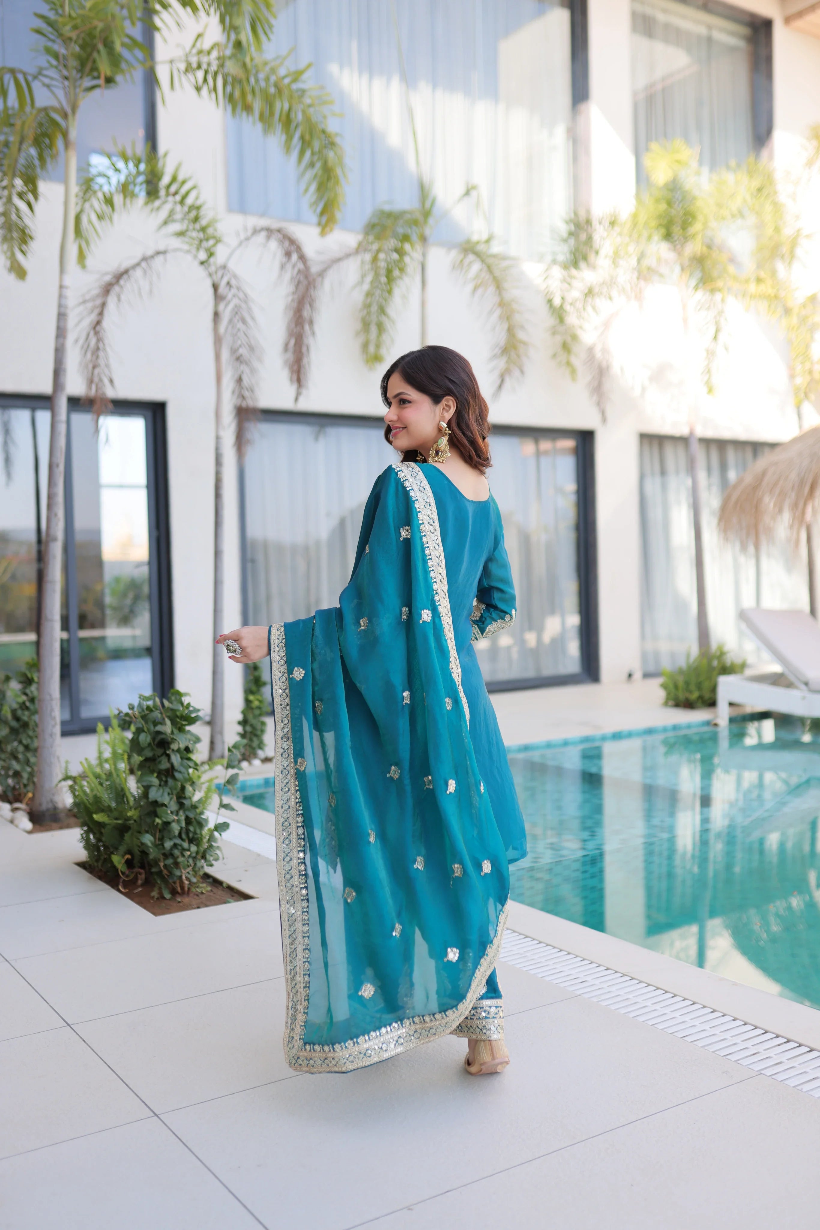 Nysika turquoise Fendi silk kurti set with coding sequins embroidery