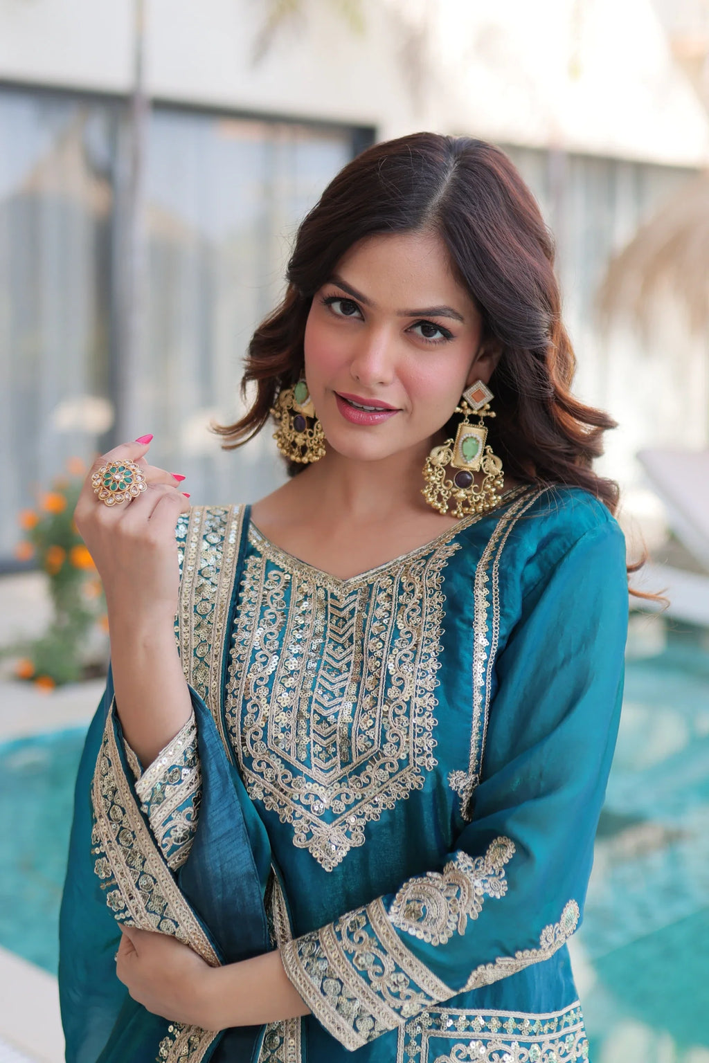 Nysika turquoise Fendi silk kurti set with coding sequins embroidery