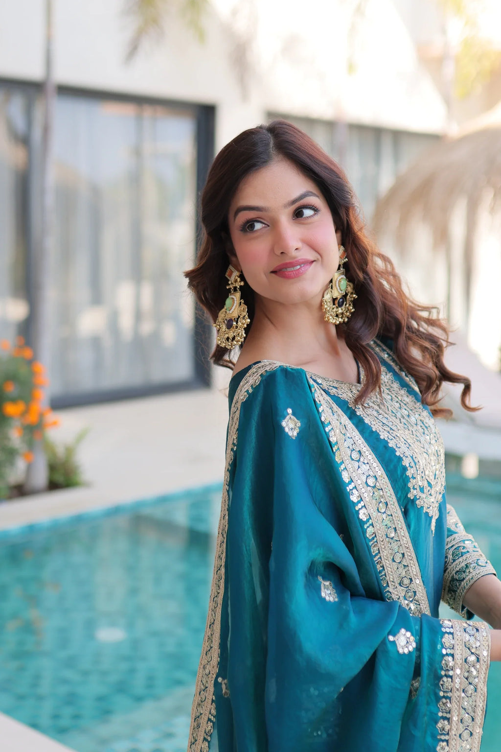 Nysika turquoise Fendi silk kurti set with coding sequins embroidery