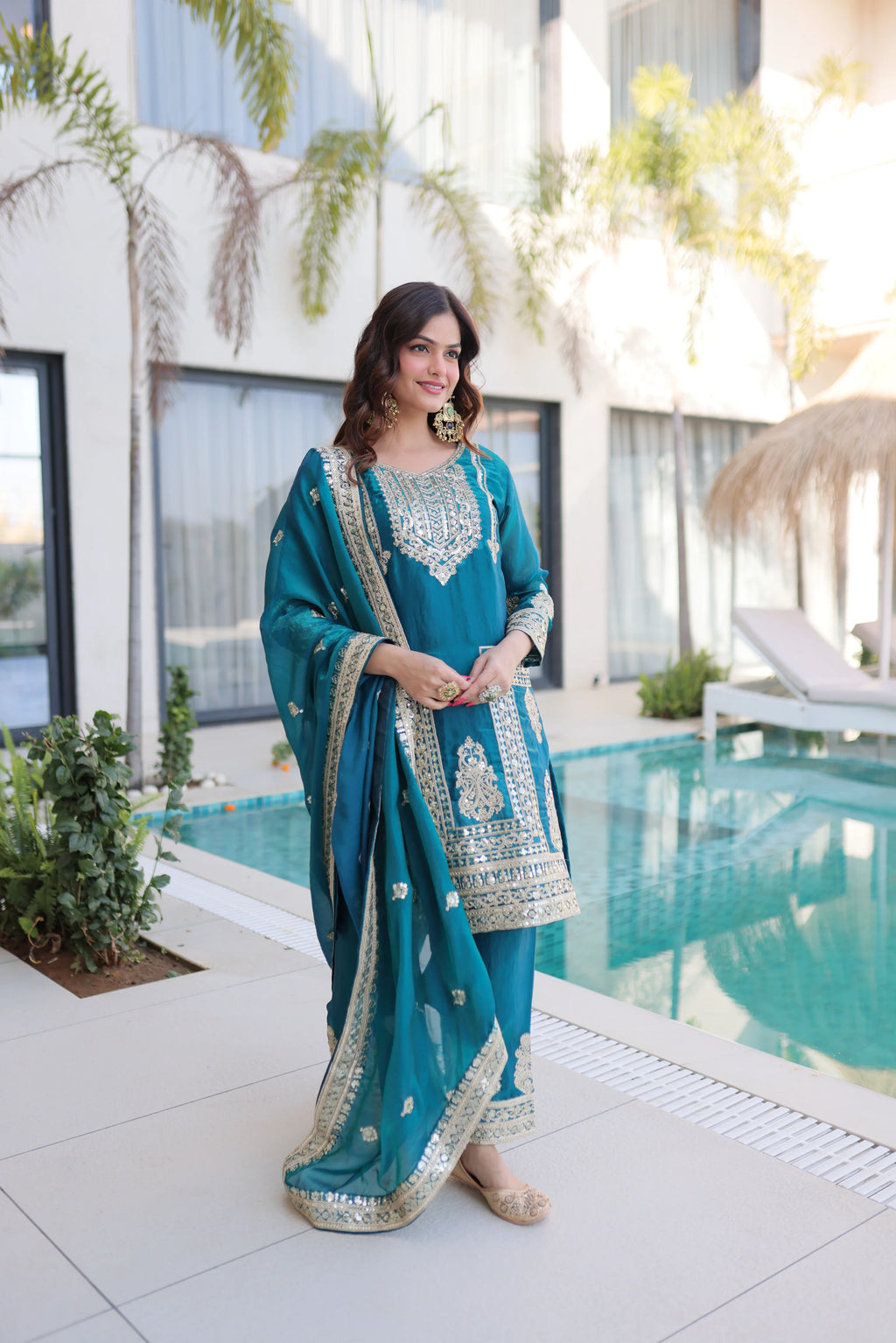 Nysika turquoise Fendi silk kurti set with coding sequins embroidery