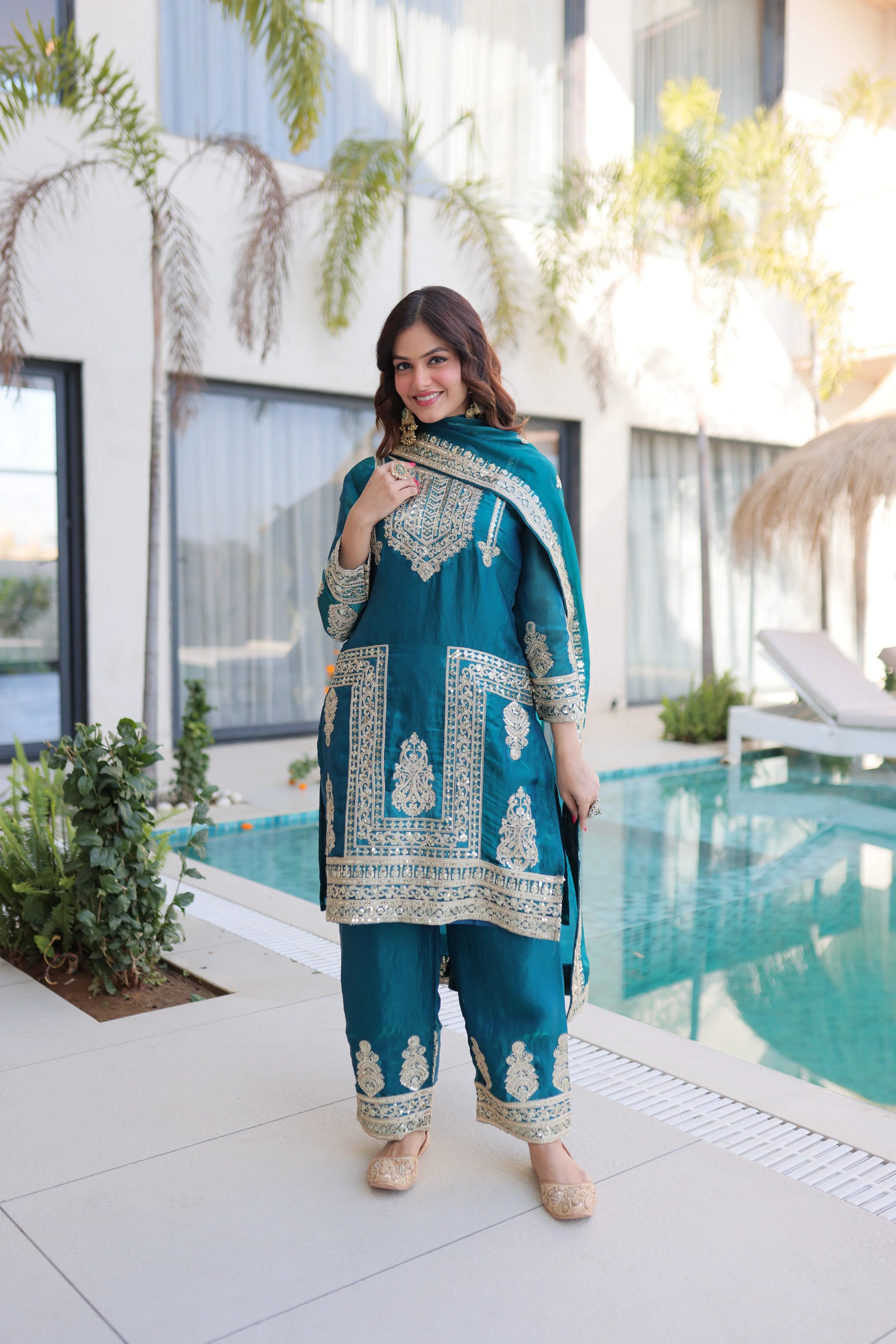 Nysika turquoise Fendi silk kurti set with coding sequins embroidery