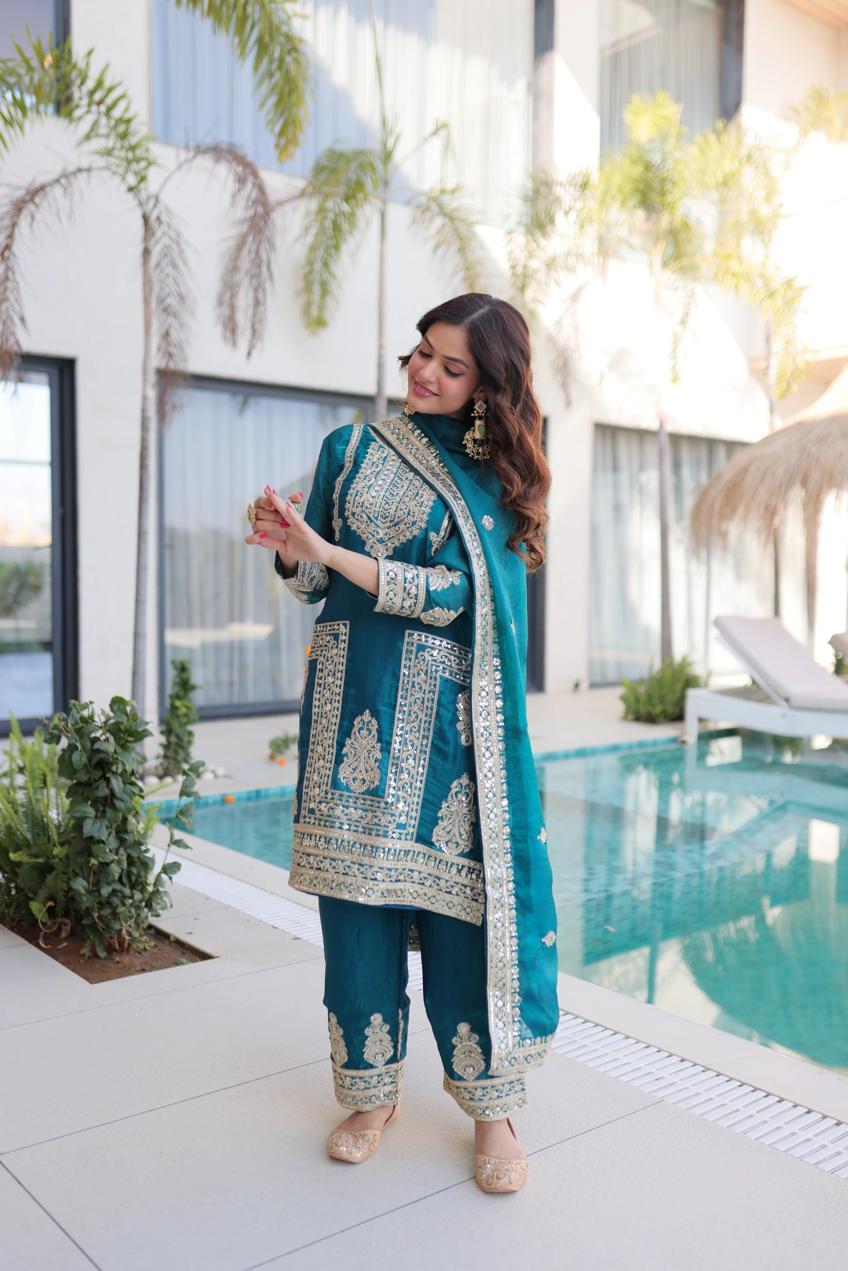 Nysika turquoise Fendi silk kurti set with coding sequins embroidery