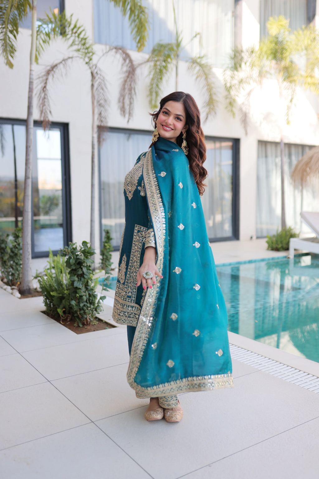 Nysika turquoise Fendi silk kurti set with coding sequins embroidery