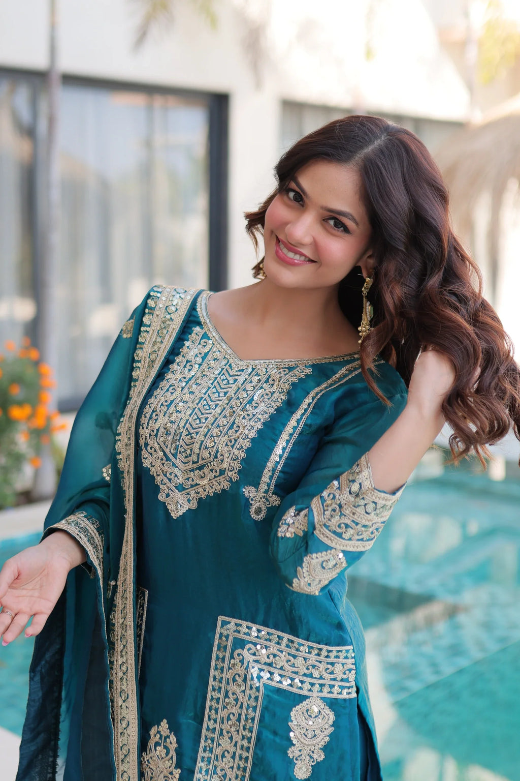 Nysika turquoise Fendi silk kurti set with coding sequins embroidery