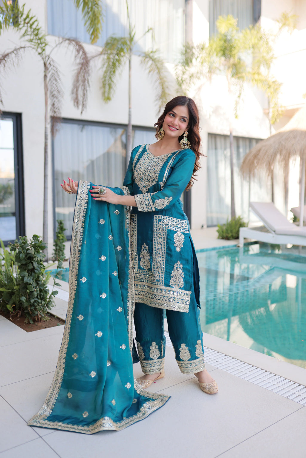 Nysika turquoise Fendi silk kurti set with coding sequins embroidery