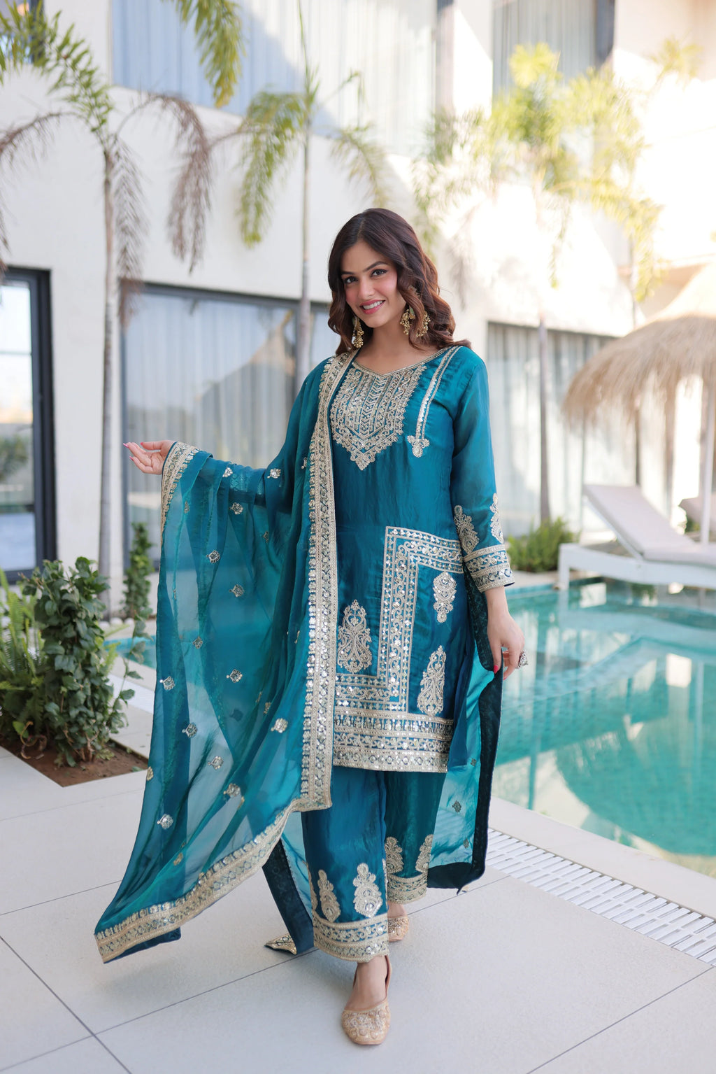 Nysika turquoise Fendi silk kurti set with coding sequins embroidery