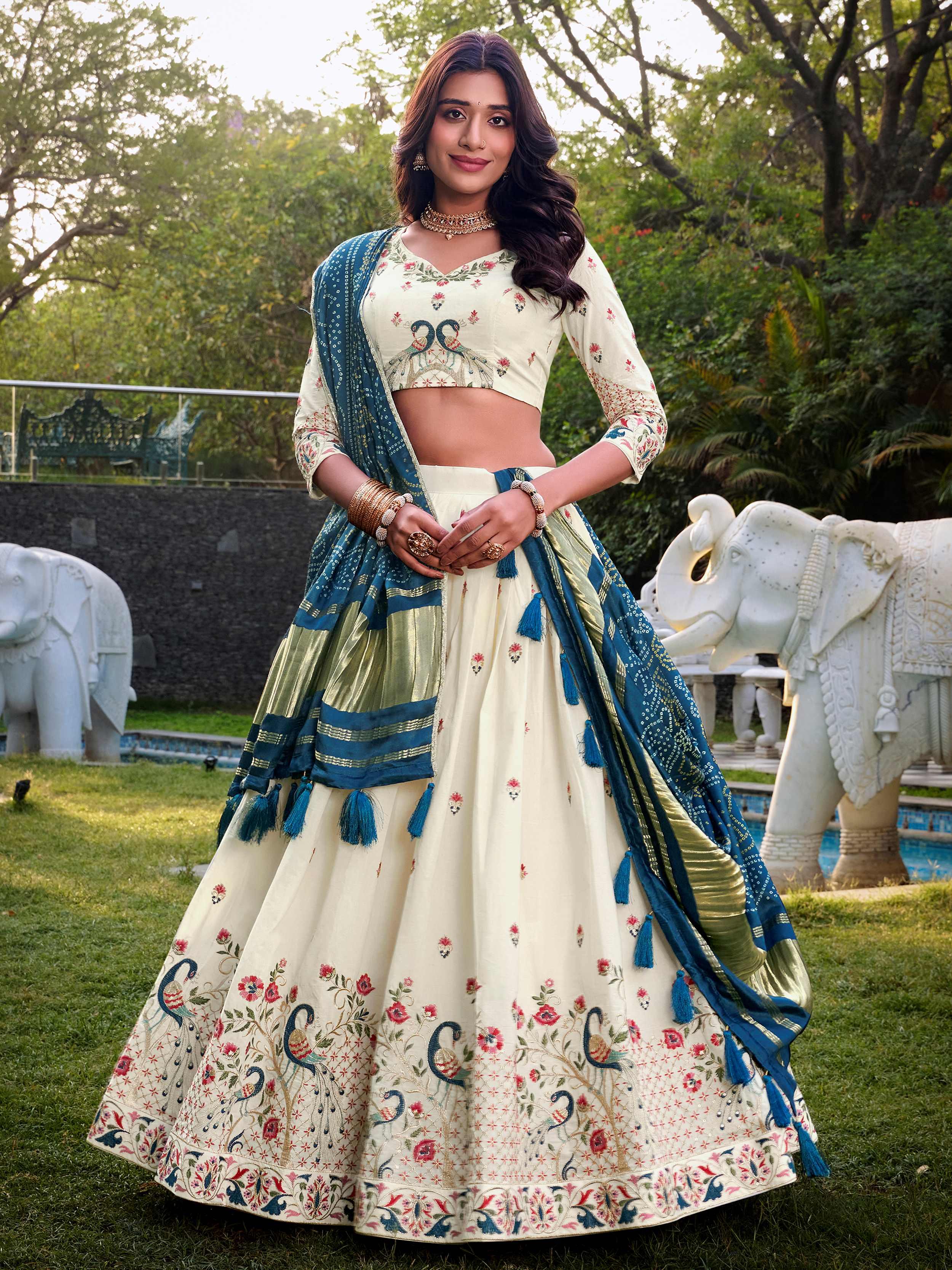 Off-white Khadi cotton sequins embroidered lehenga choli with blue dupatta