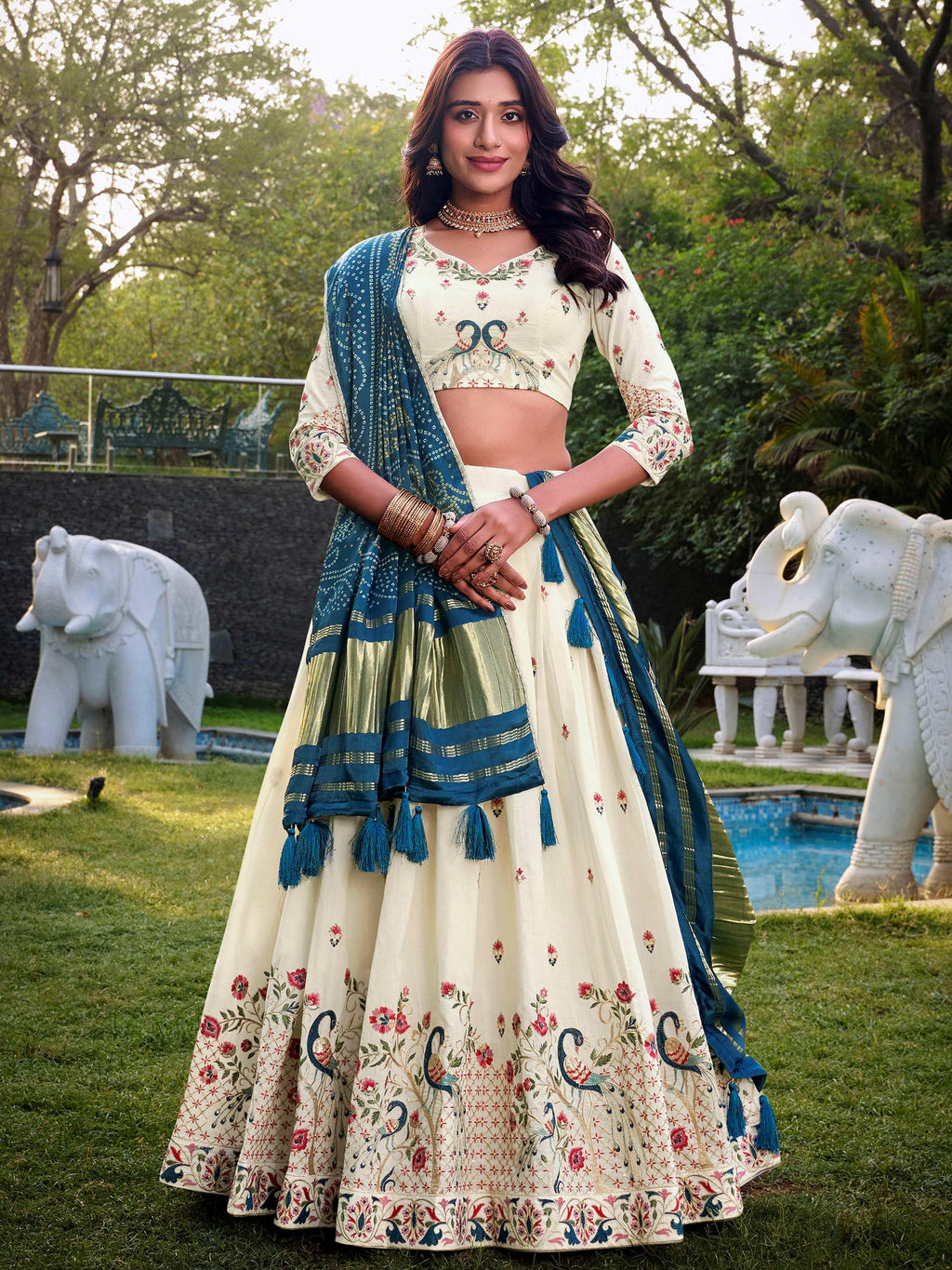 Off-white Khadi cotton sequins embroidered lehenga choli with blue dupatta