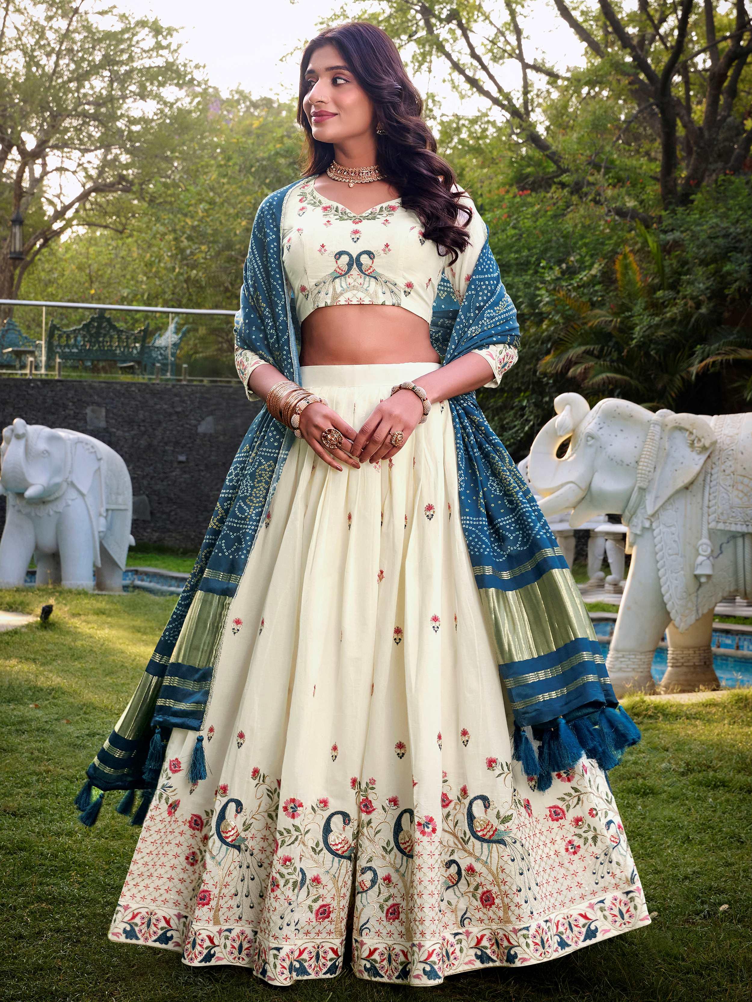 Off-white Khadi cotton sequins embroidered lehenga choli with blue dupatta