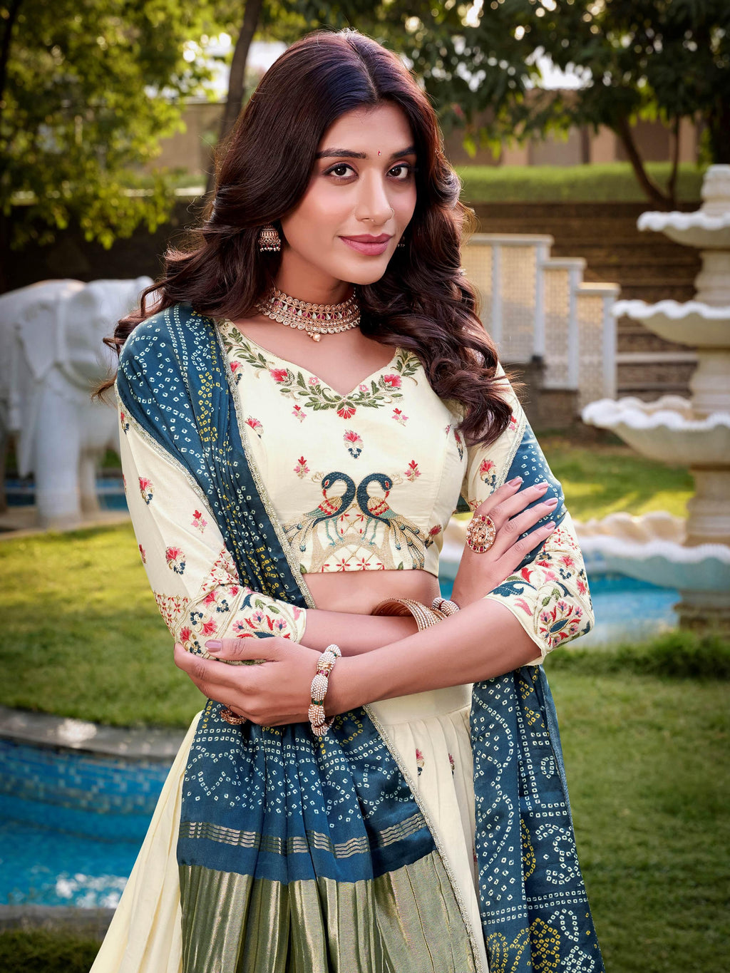 Off-white Khadi cotton sequins embroidered lehenga choli with blue dupatta
