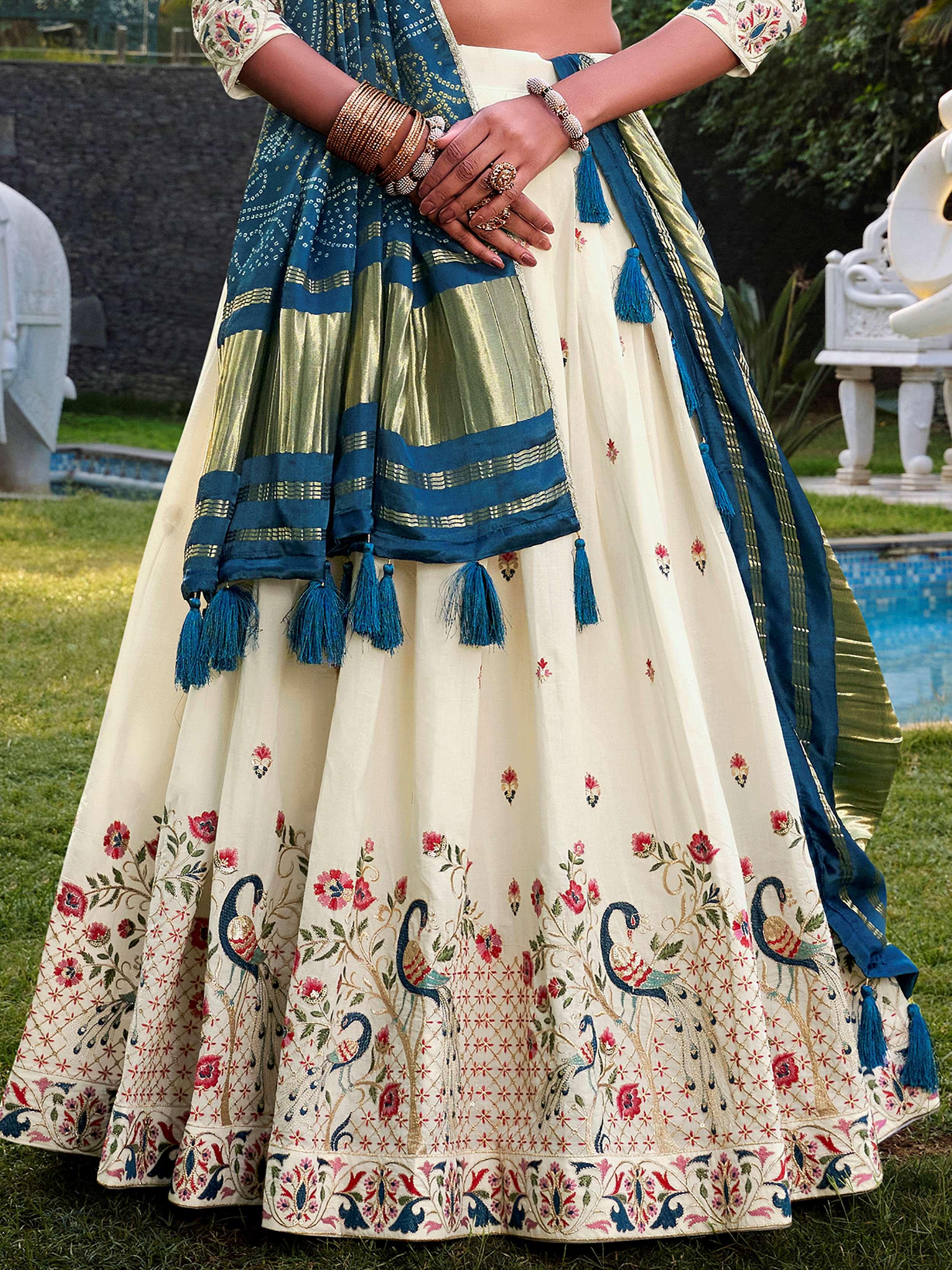 Off-white Khadi cotton sequins embroidered lehenga choli with blue dupatta