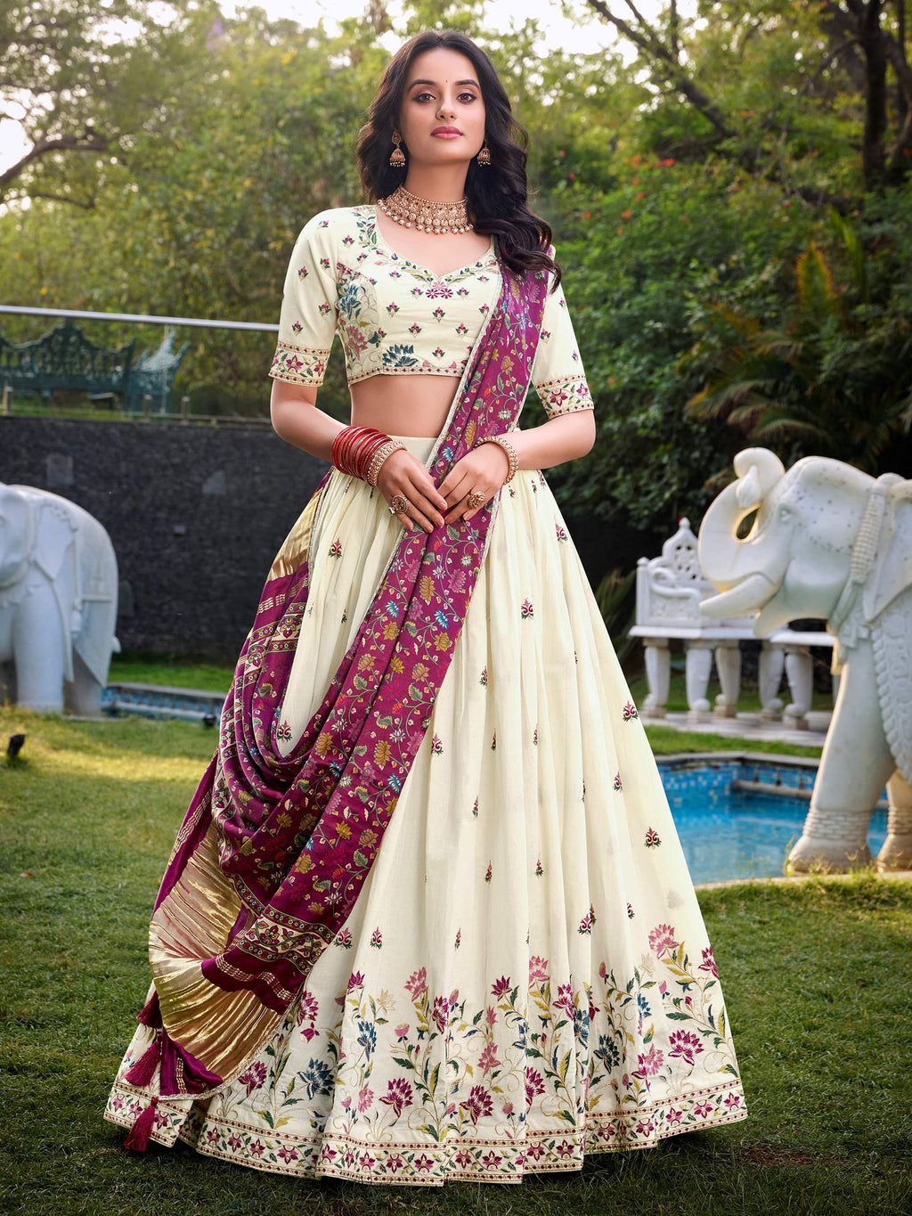 Off-white Khadi cotton sequins embroidered lehenga choli with mauve pink dupatta
