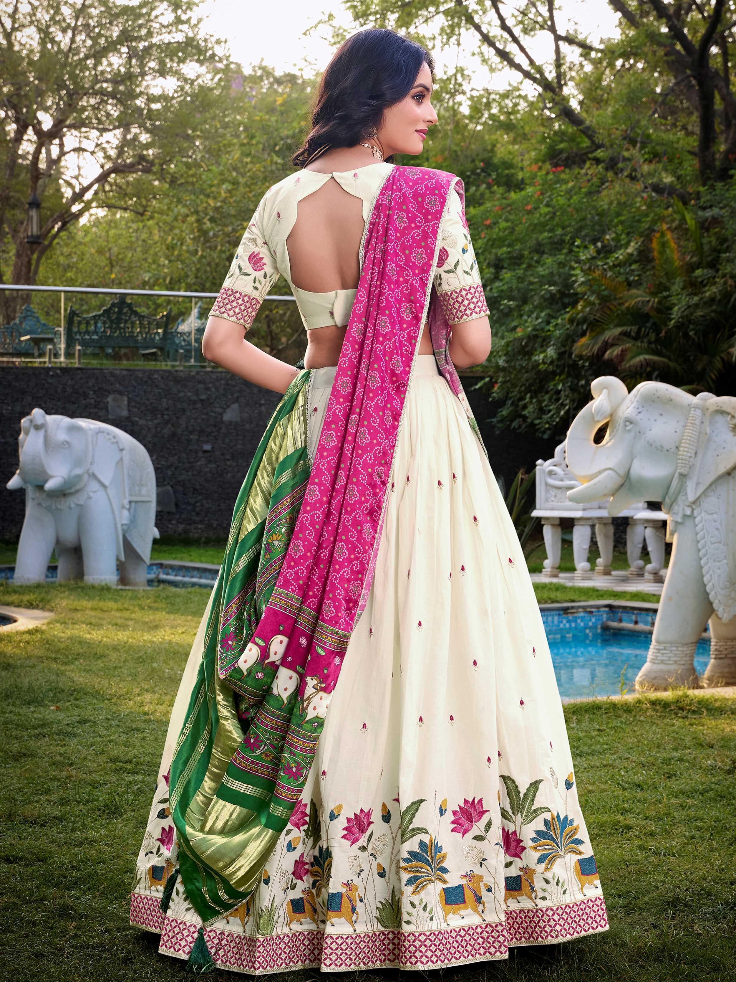 Off-white Khadi cotton sequins embroidered lehenga choli with pink dupatta