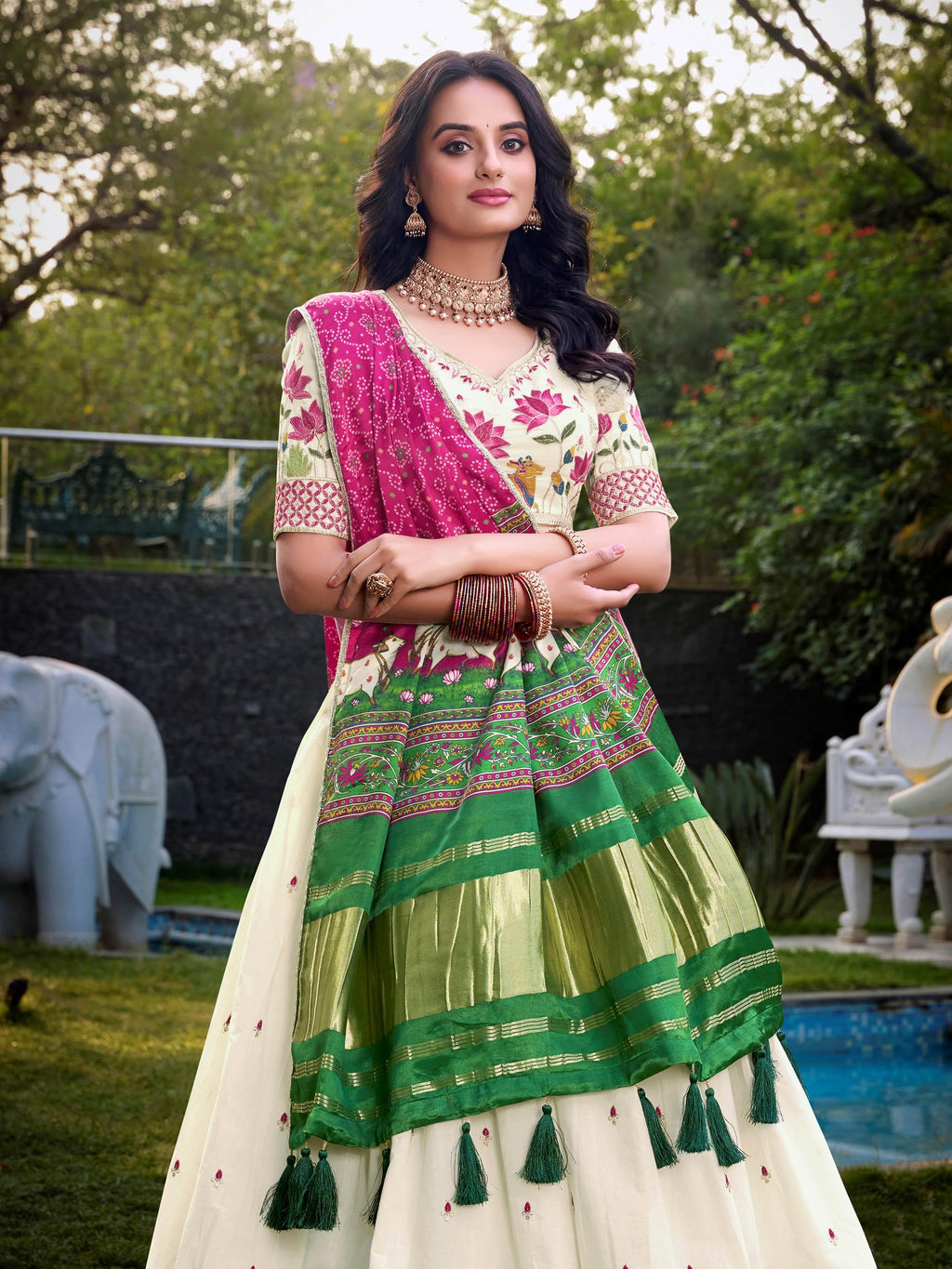 Off-white Khadi cotton sequins embroidered lehenga choli with pink dupatta