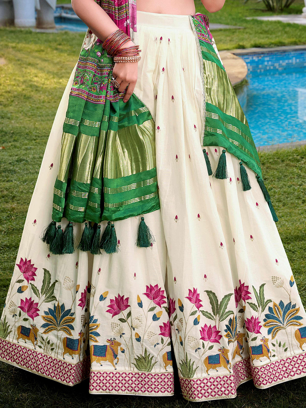Off-white Khadi cotton sequins embroidered lehenga choli with pink dupatta