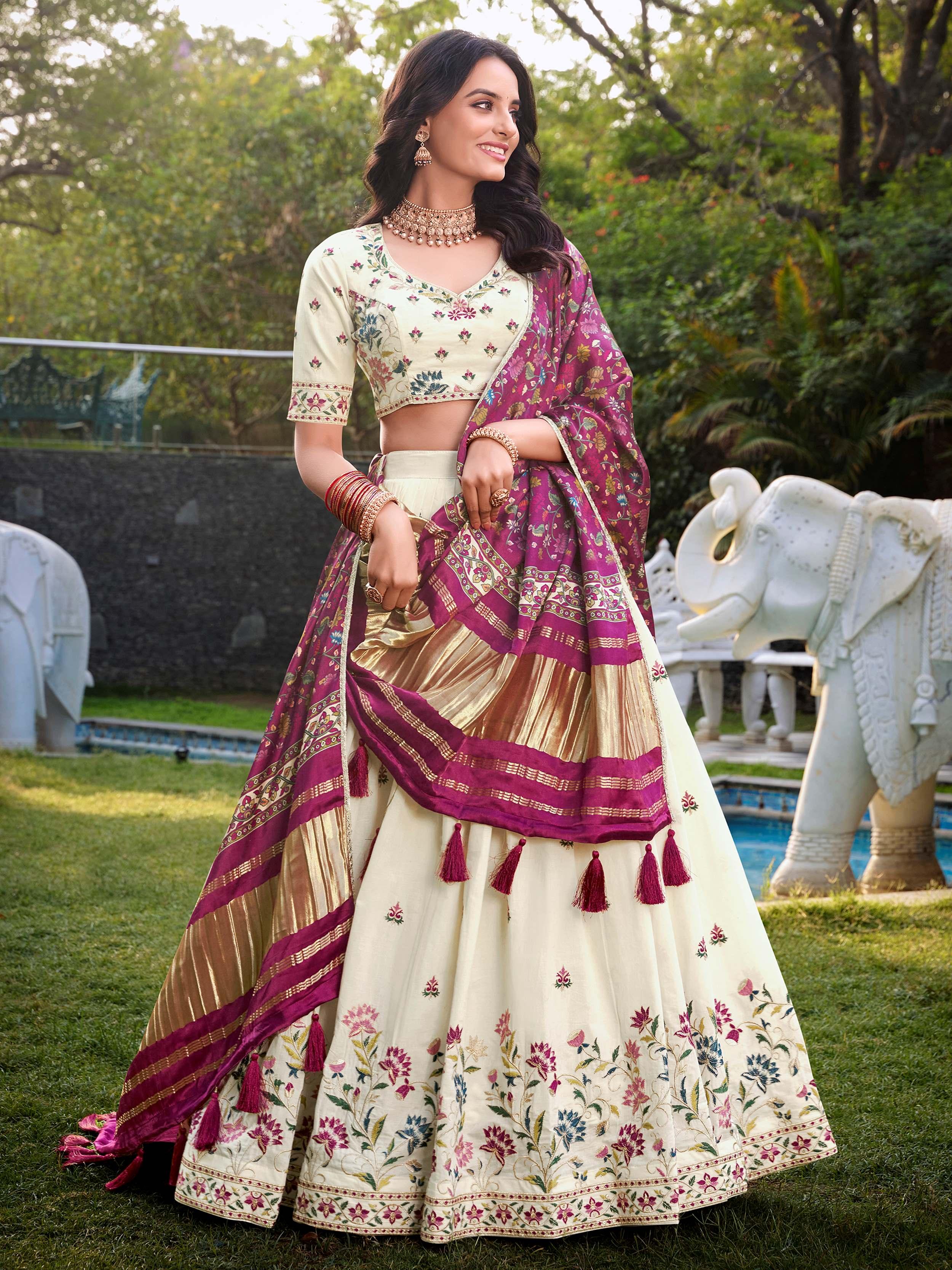 Off-white Khadi cotton sequins embroidered lehenga choli with mauve pink dupatta