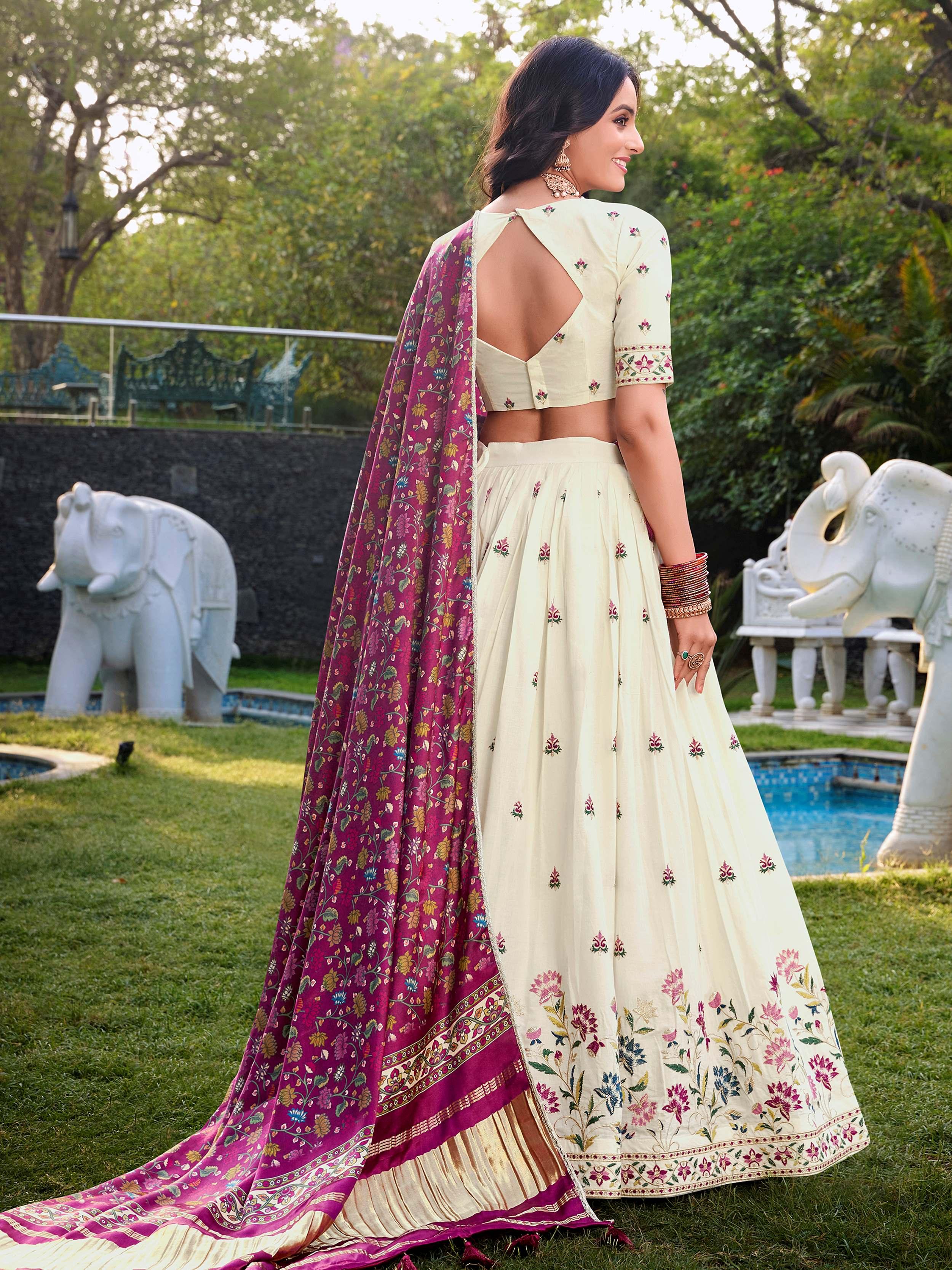 Off-white Khadi cotton sequins embroidered lehenga choli with mauve pink dupatta