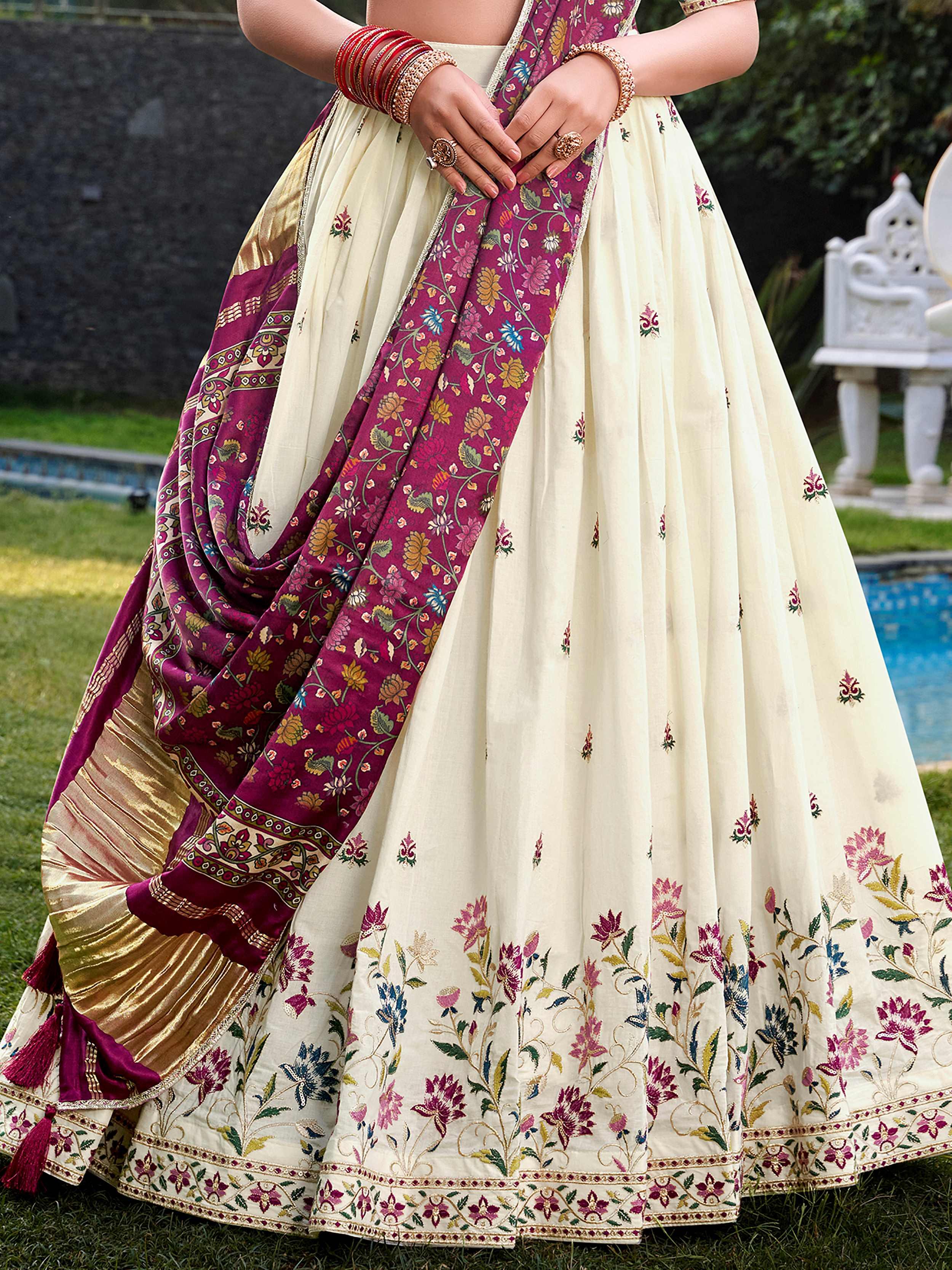 Off-white Khadi cotton sequins embroidered lehenga choli with mauve pink dupatta