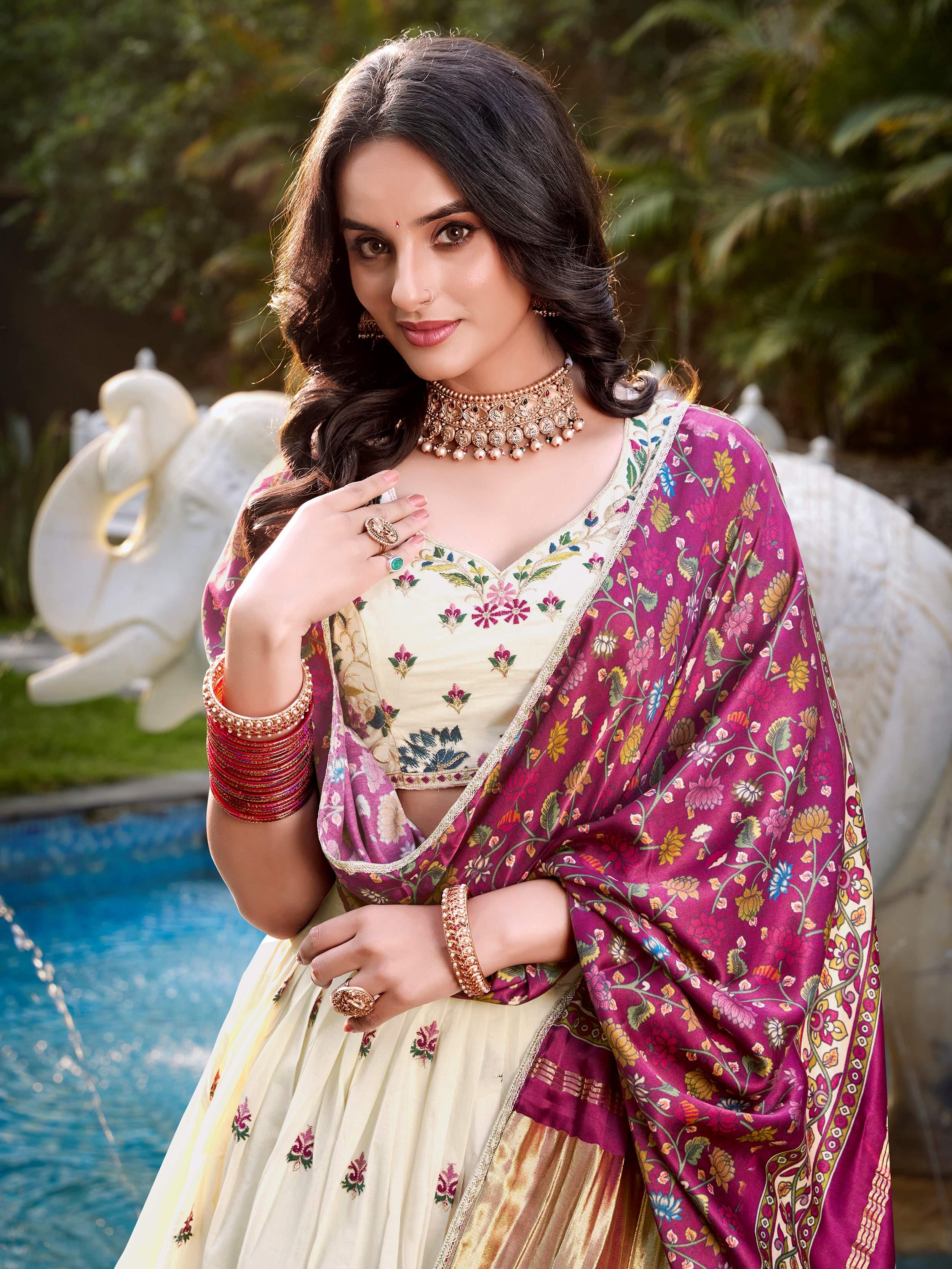 Off-white Khadi cotton sequins embroidered lehenga choli with mauve pink dupatta