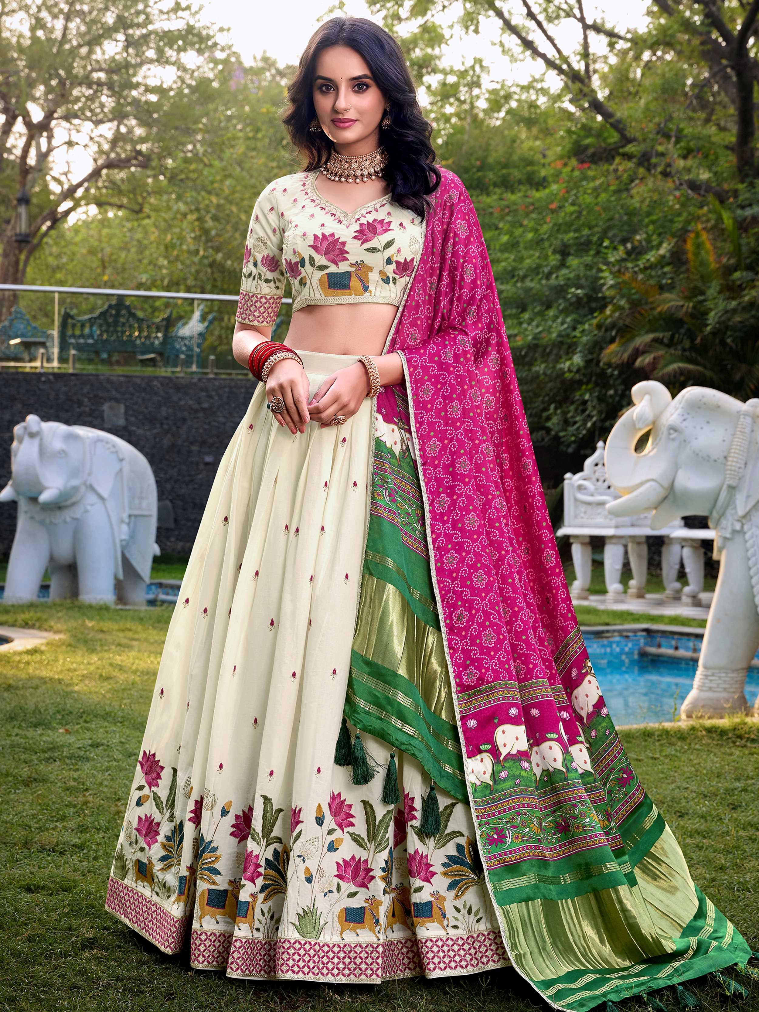 Off-white Khadi cotton sequins embroidered lehenga choli with pink dupatta