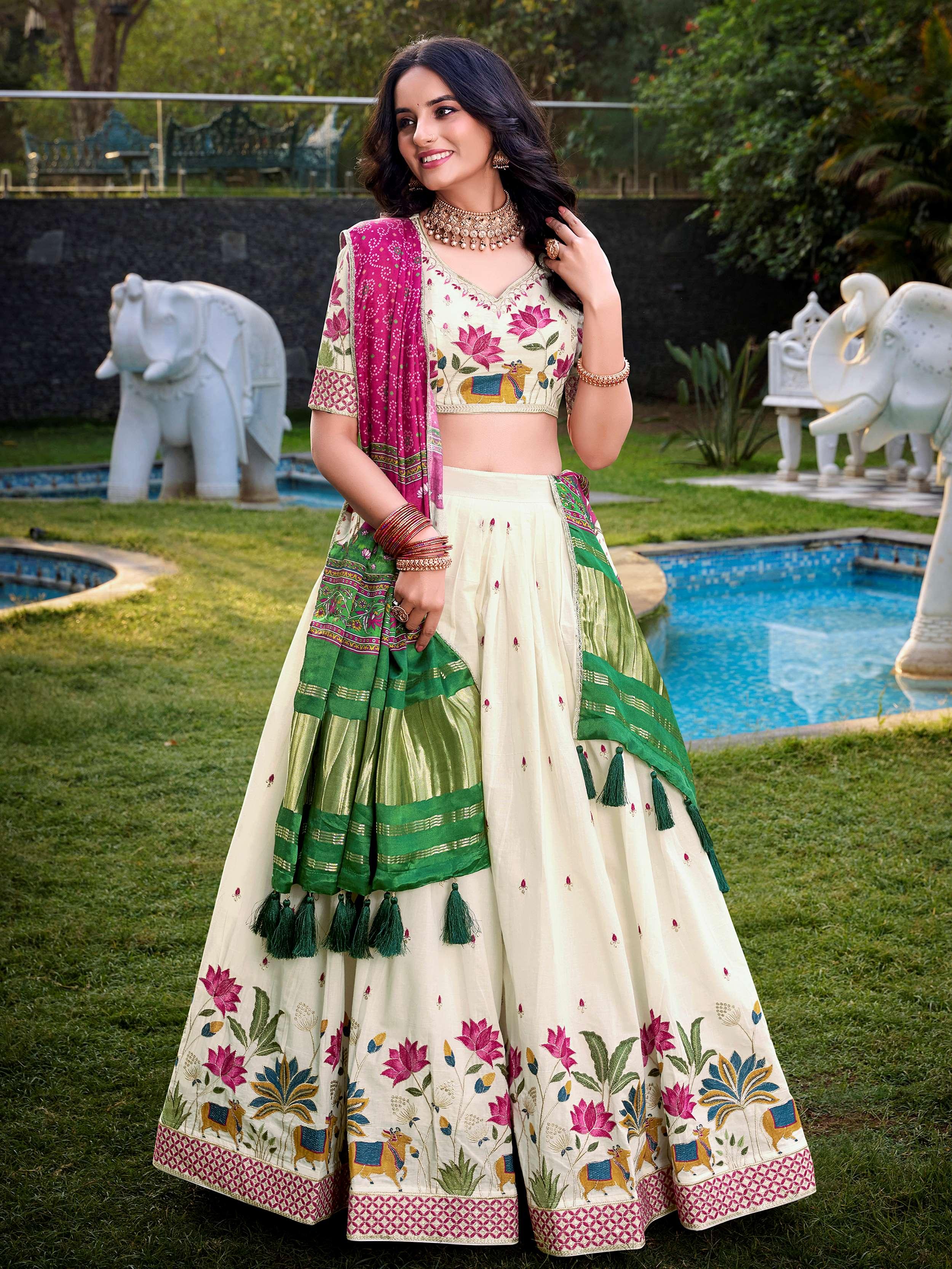 Off-white Khadi cotton sequins embroidered lehenga choli with pink dupatta