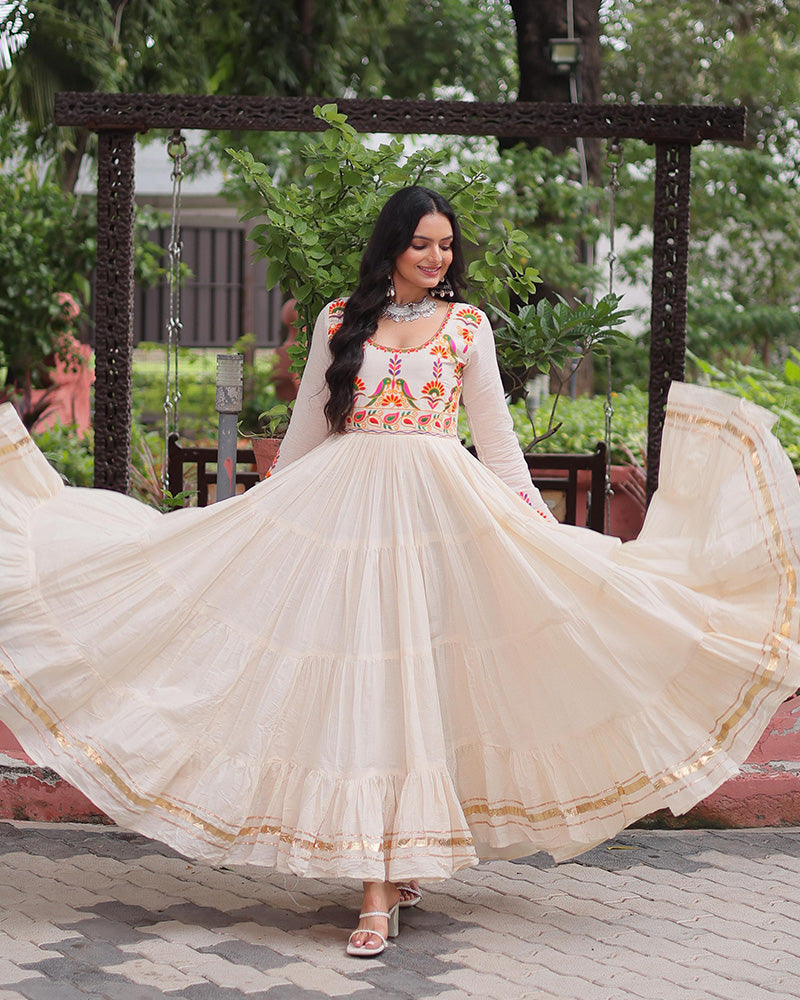 Off-white cotton flared gown with thread embroidery and Gota Patti work