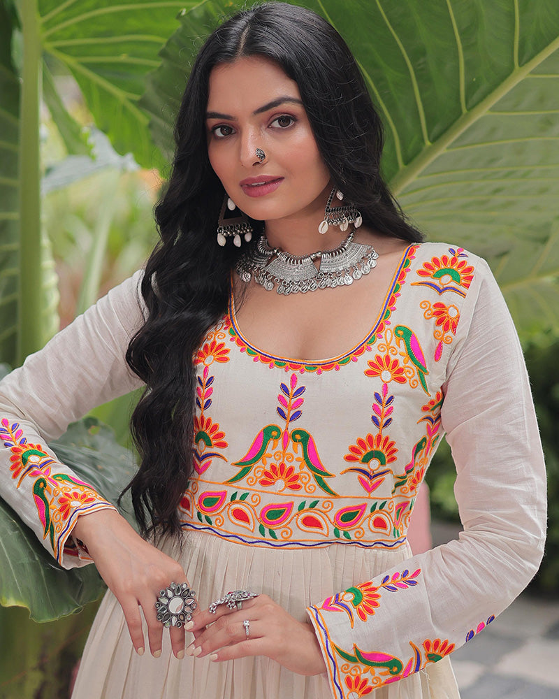 Off-white cotton flared gown with thread embroidery and Gota Patti work