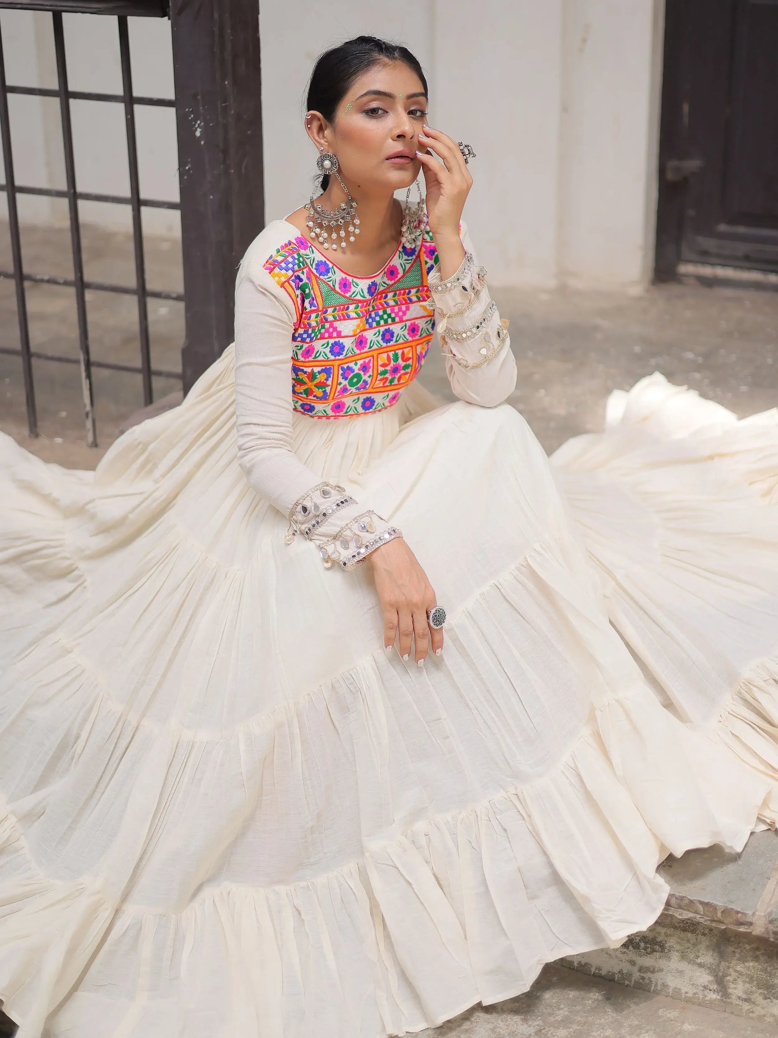 Off white kora cotton gown with multi thread gamthi embroidery