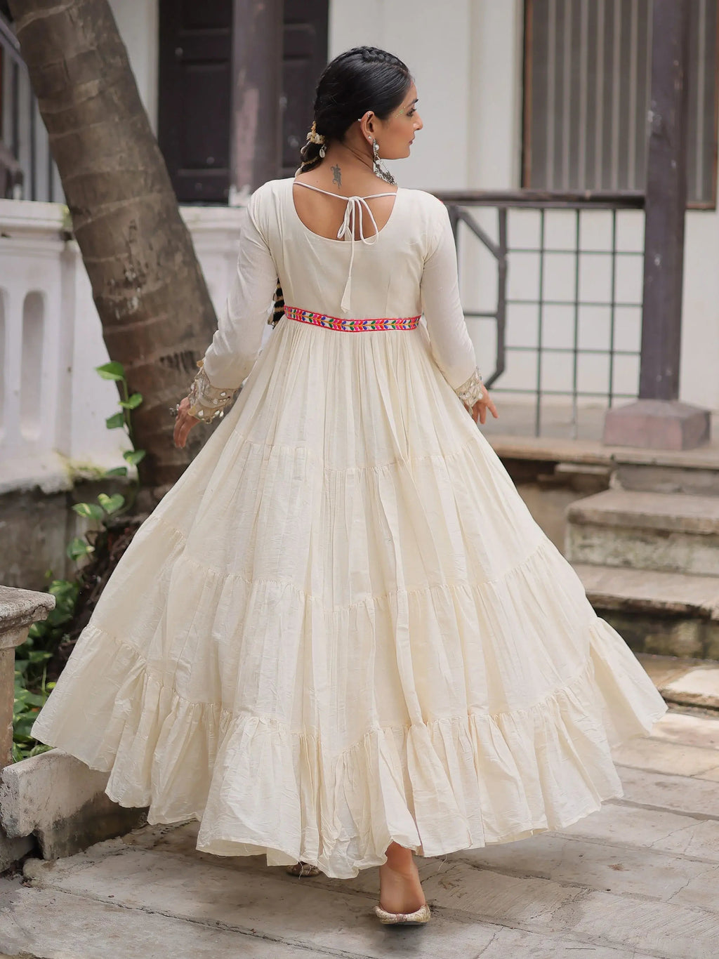 Off white kora cotton gown with multi thread gamthi embroidery