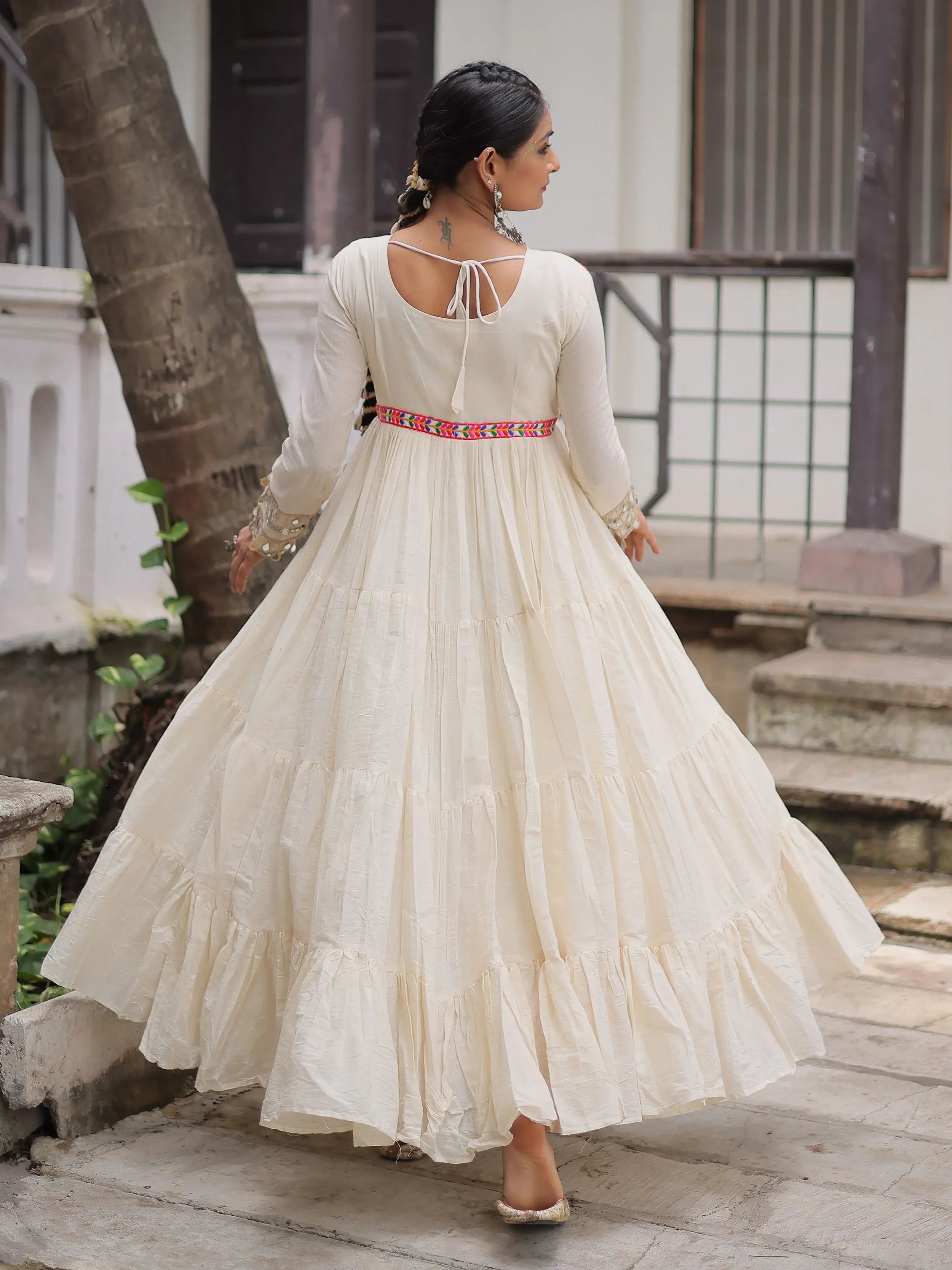 Off white kora cotton gown with multi thread gamthi embroidery