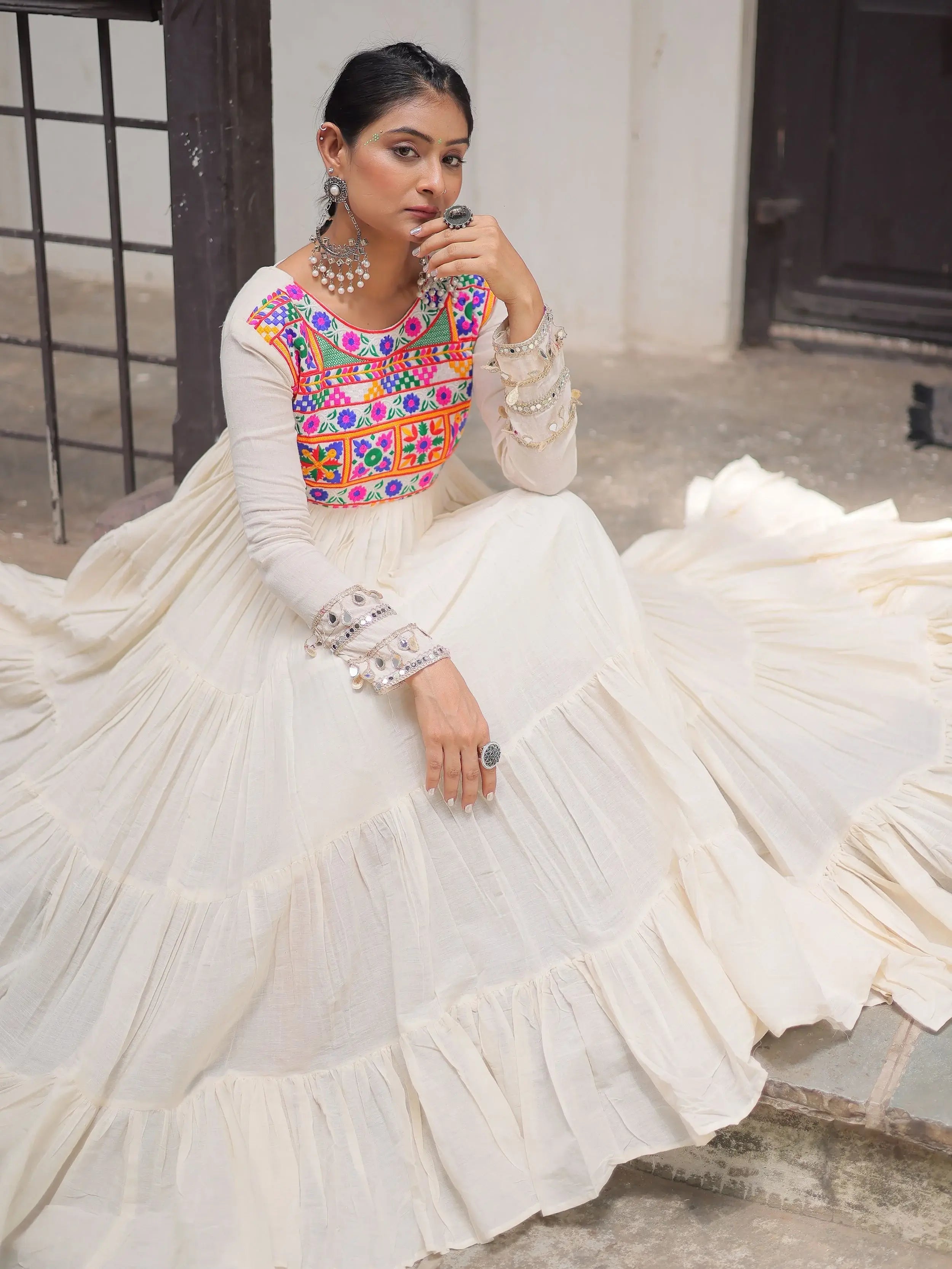 Off white kora cotton gown with multi thread gamthi embroidery