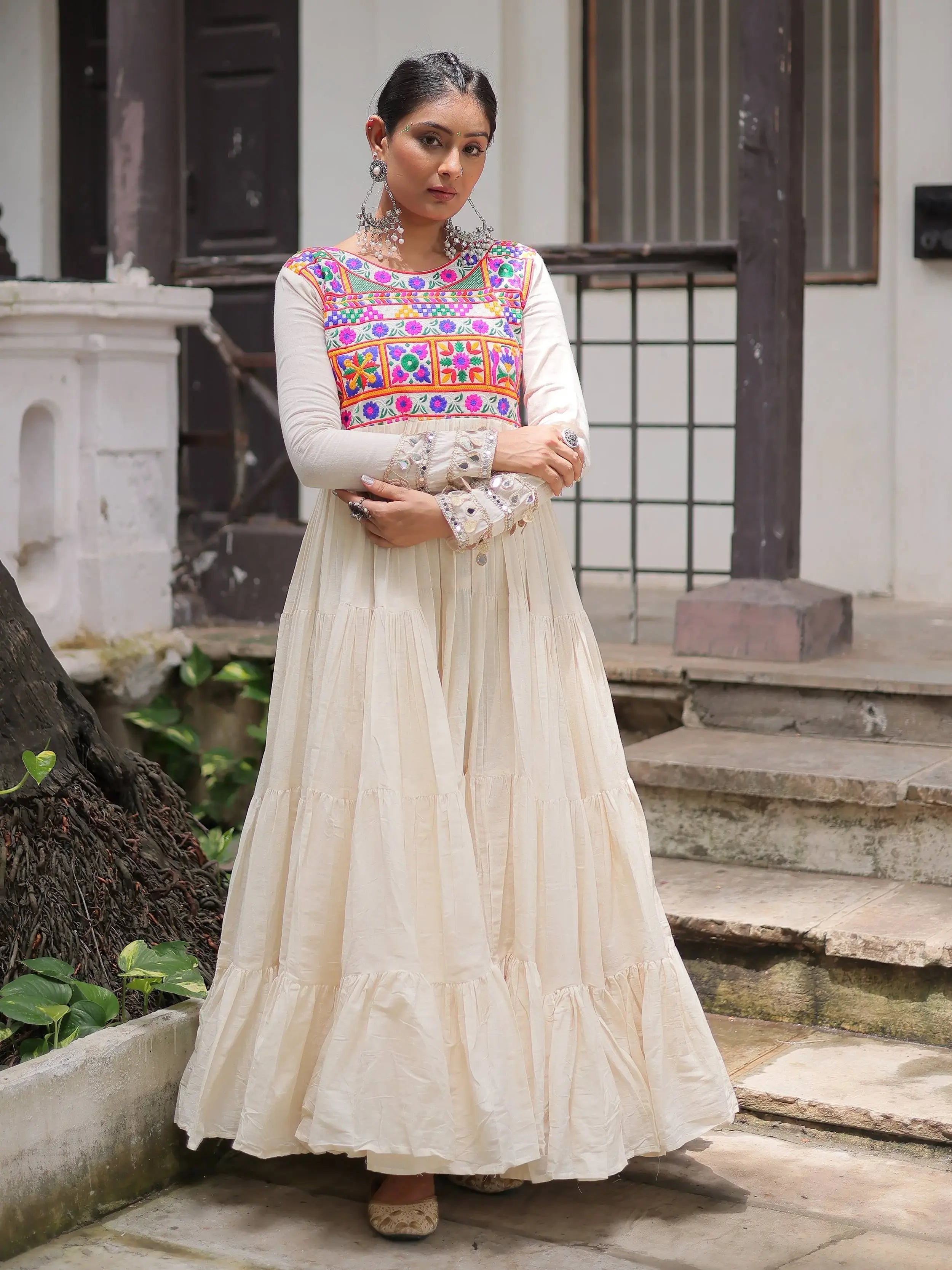 Off white kora cotton gown with multi thread gamthi embroidery