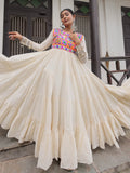 Off white kora cotton gown with multi thread gamthi embroidery