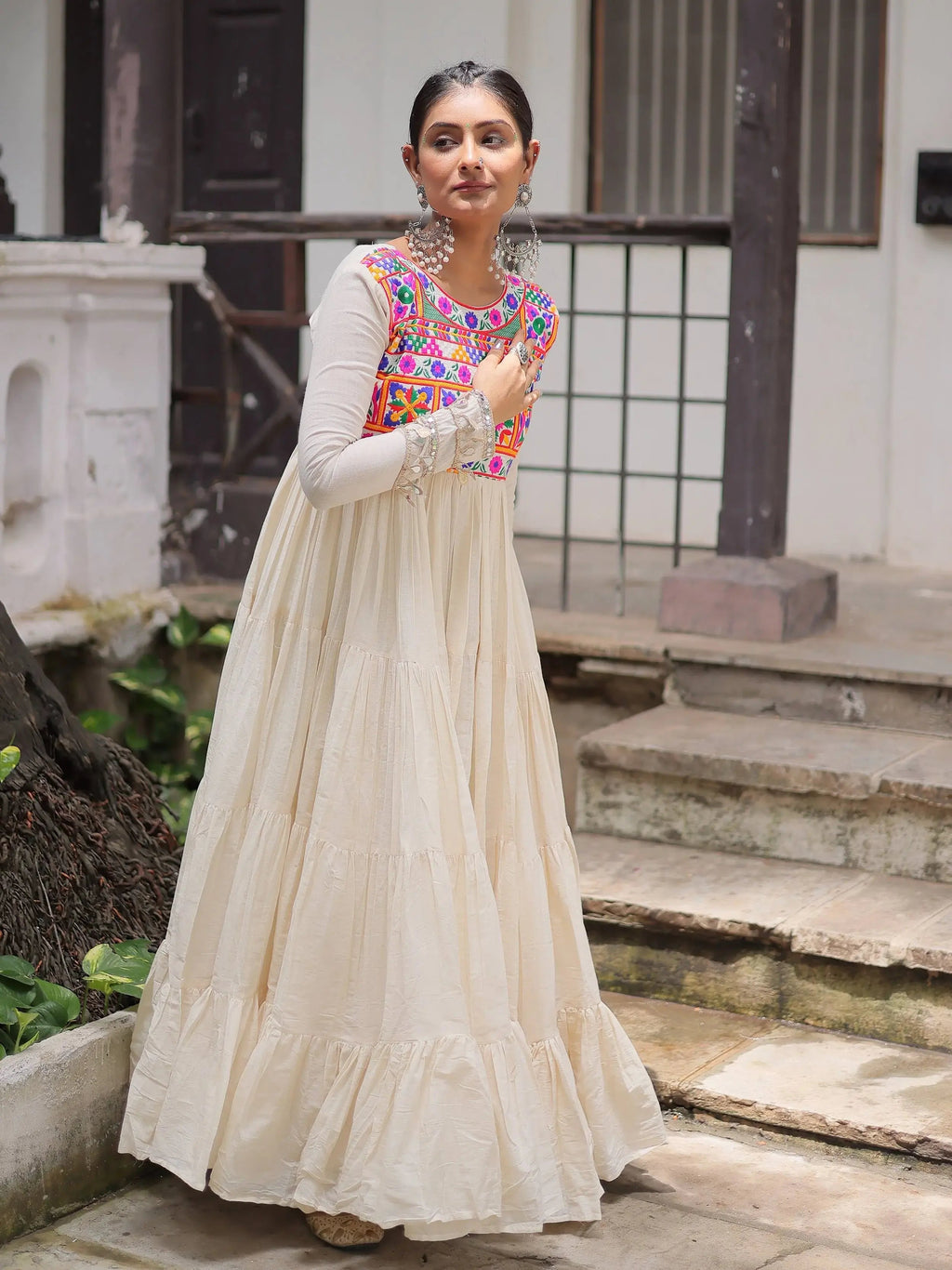 Off white kora cotton gown with multi thread gamthi embroidery