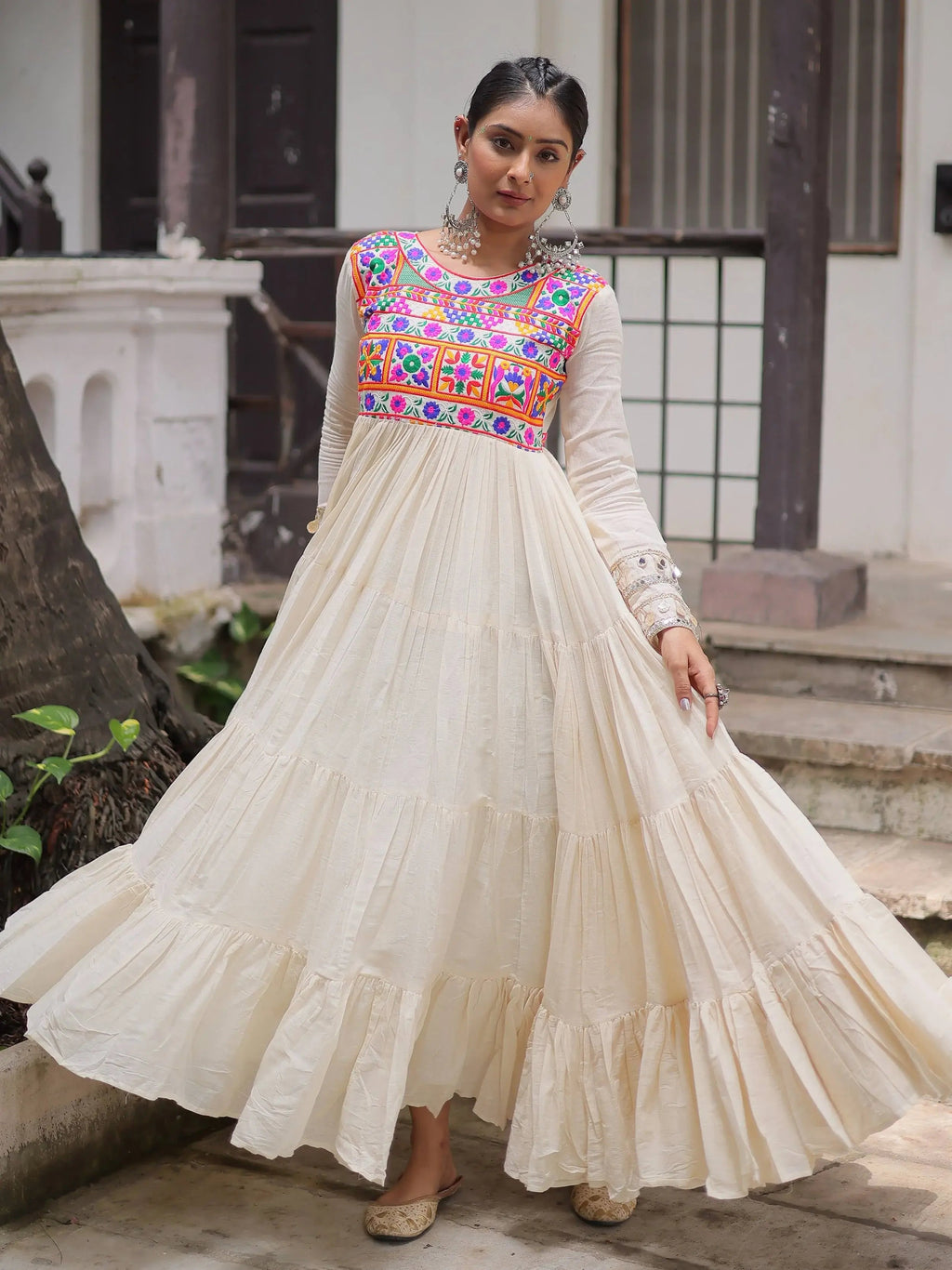 Off white kora cotton gown with multi thread gamthi embroidery