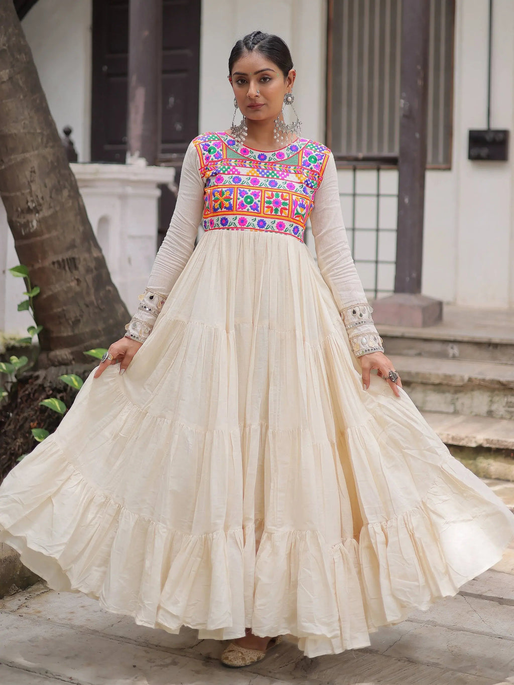Off white kora cotton gown with multi thread gamthi embroidery