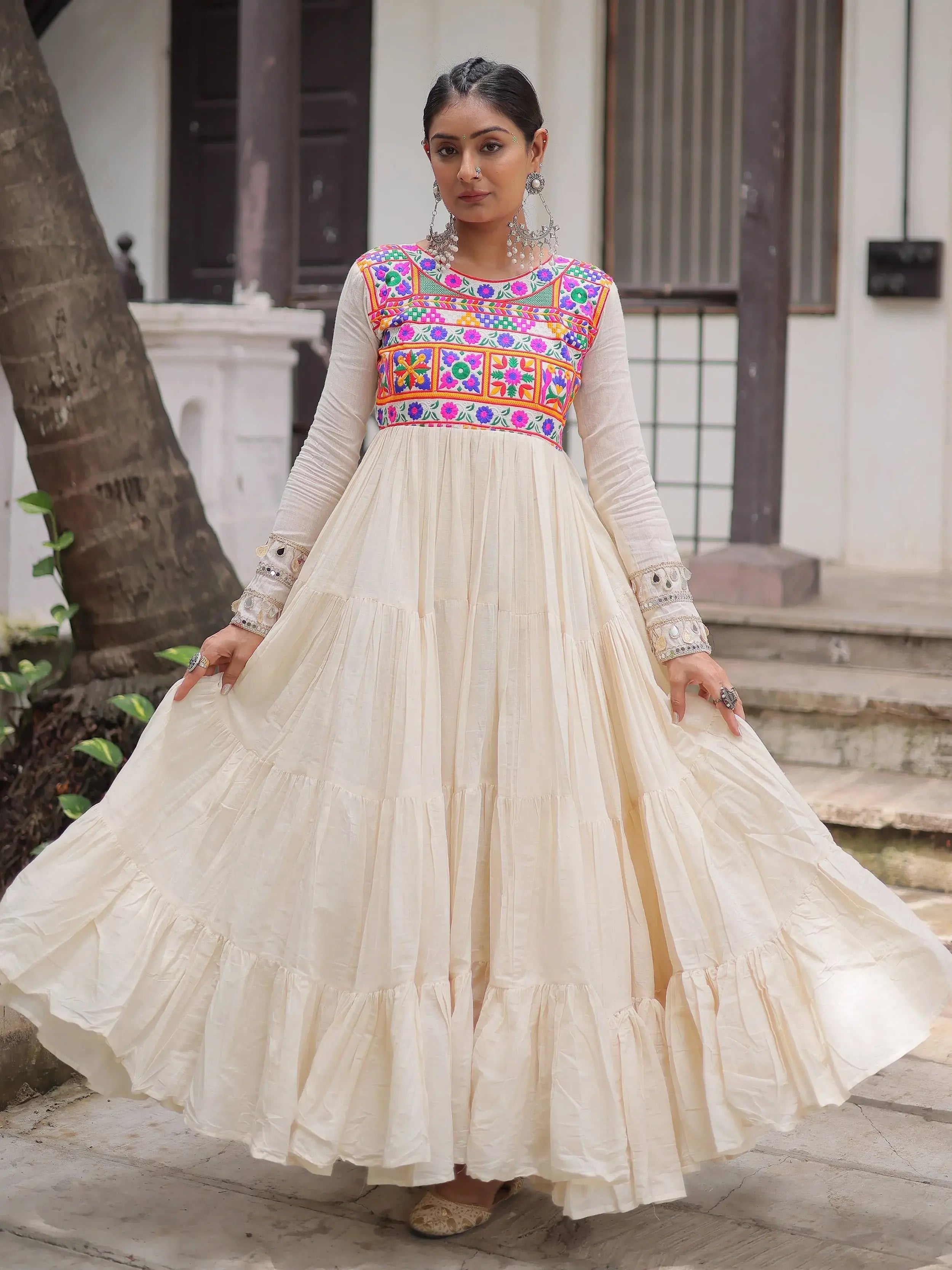 Off white kora cotton gown with multi thread gamthi embroidery