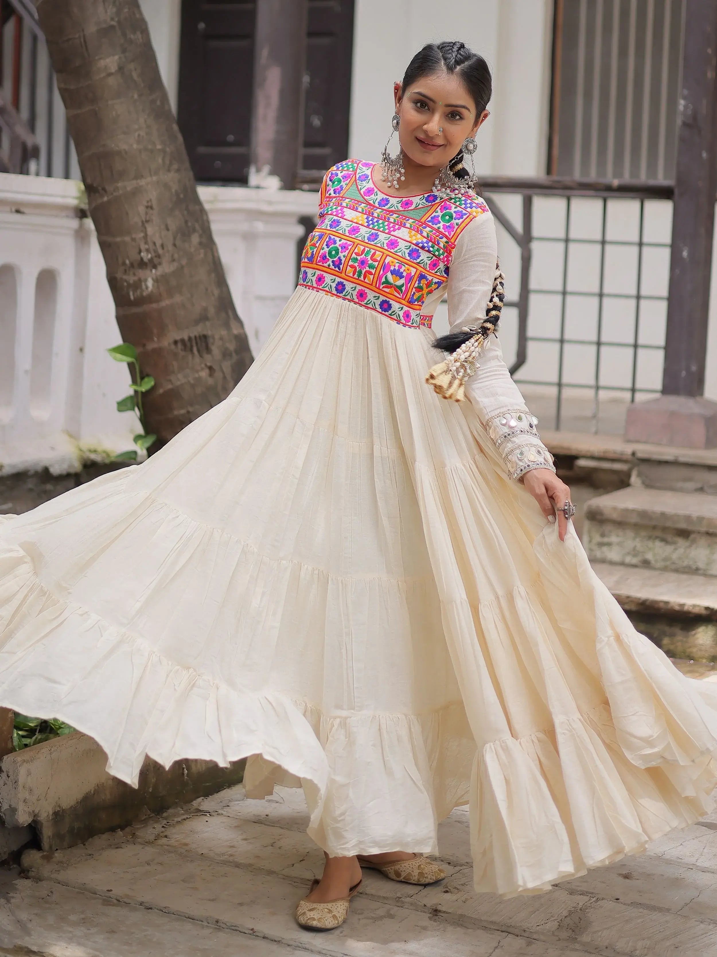 Off white kora cotton gown with multi thread gamthi embroidery