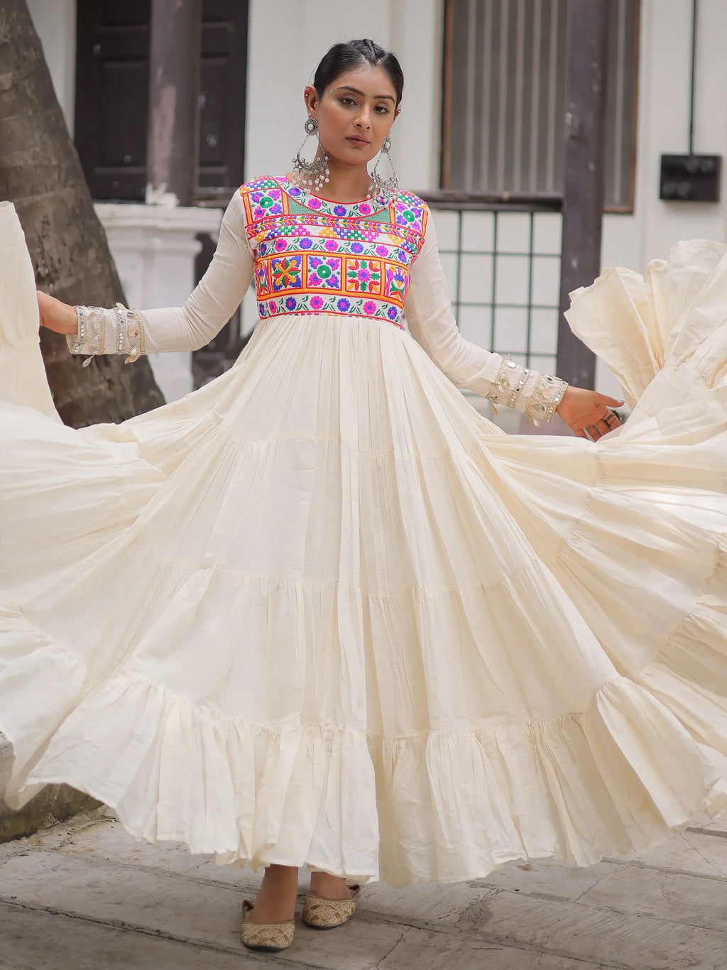Off white kora cotton gown with multi thread gamthi embroidery