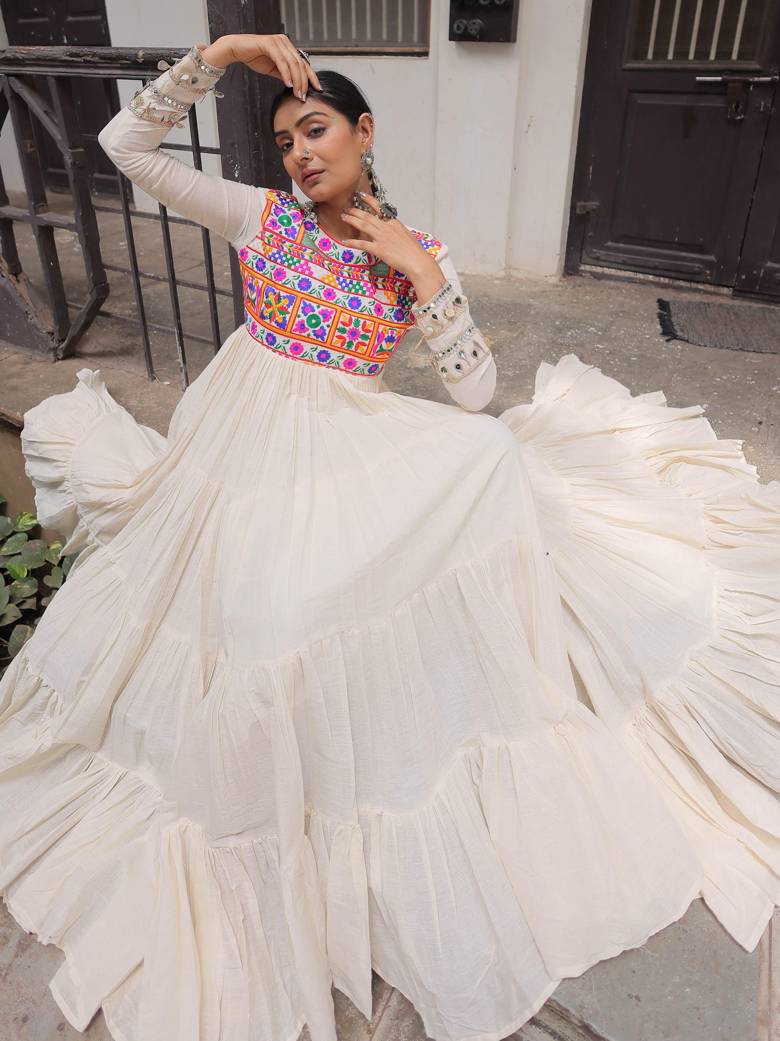 Off white kora cotton gown with multi thread gamthi embroidery