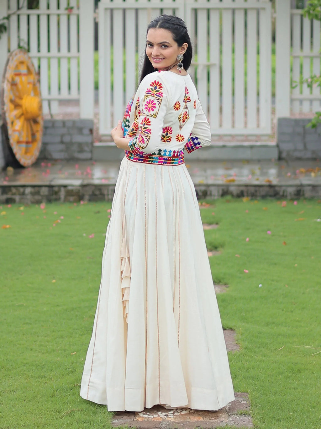 Off white Kutchi Gamthi embroidered Gota Patti lace lehenga choli with koti