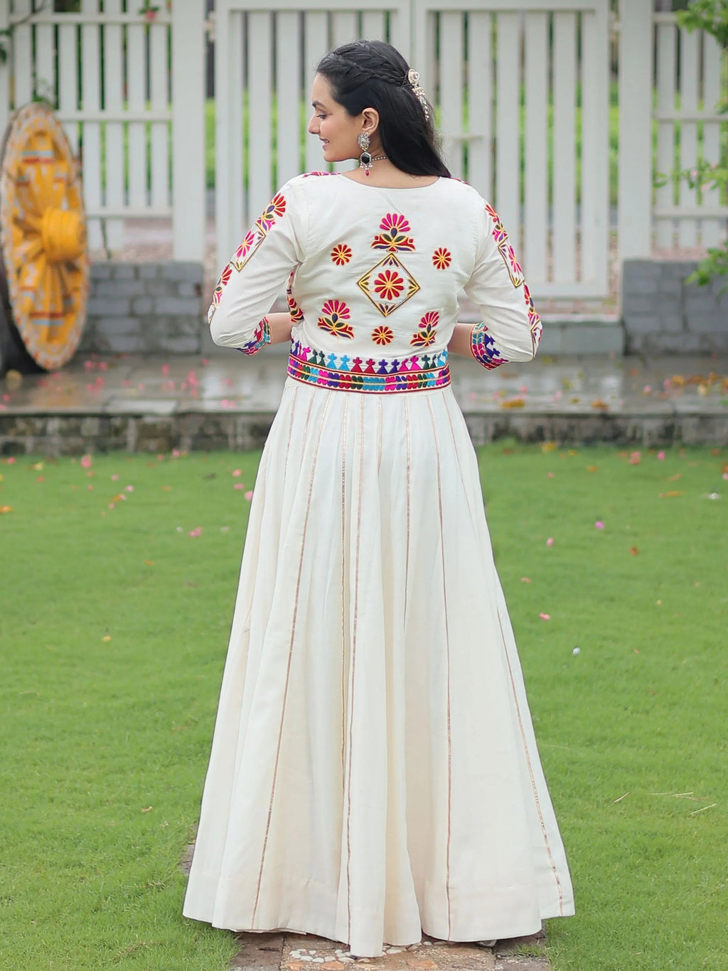 Off white Kutchi Gamthi embroidered Gota Patti lace lehenga choli with koti