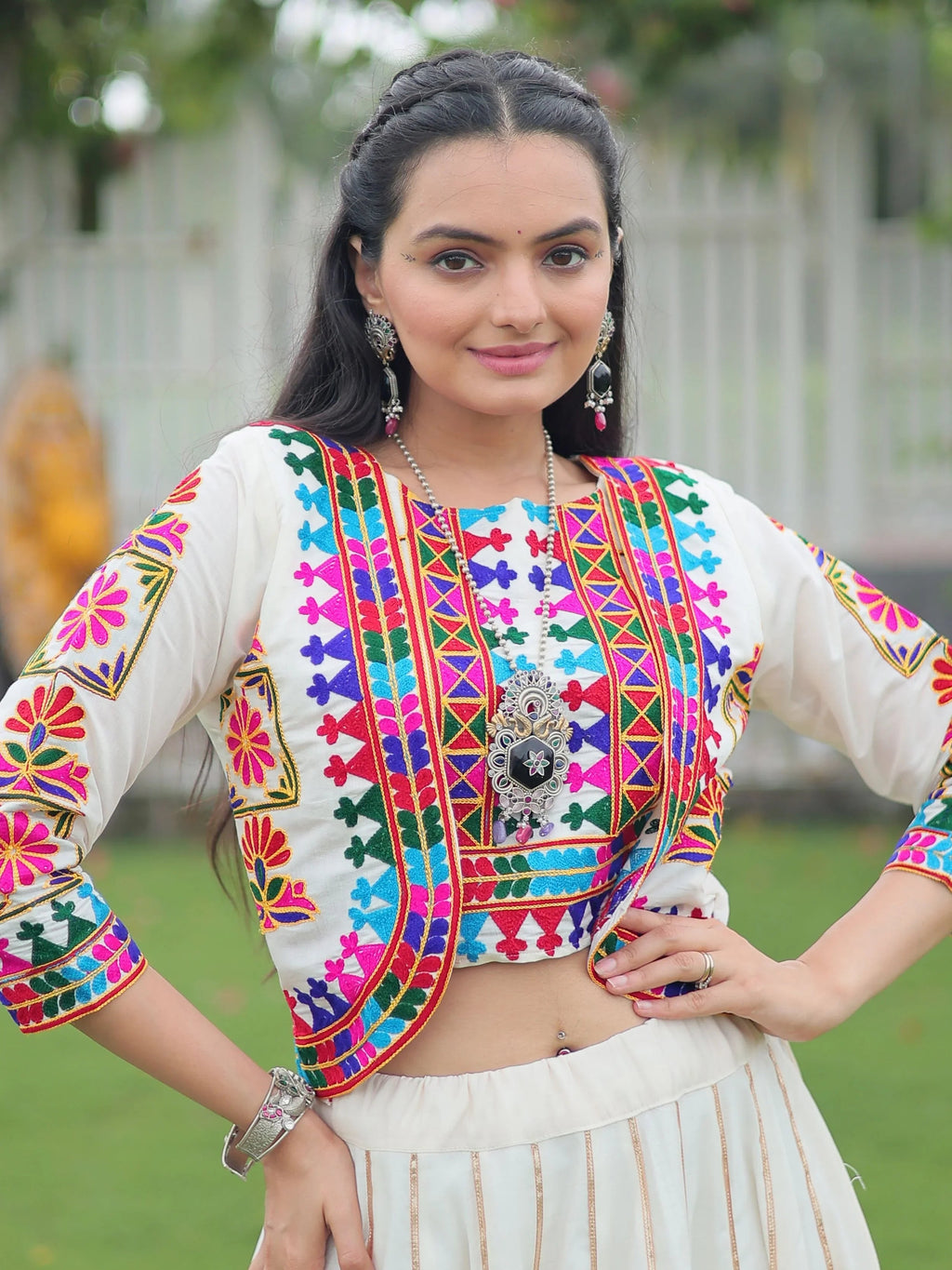 Off white Kutchi Gamthi embroidered Gota Patti lace lehenga choli with koti