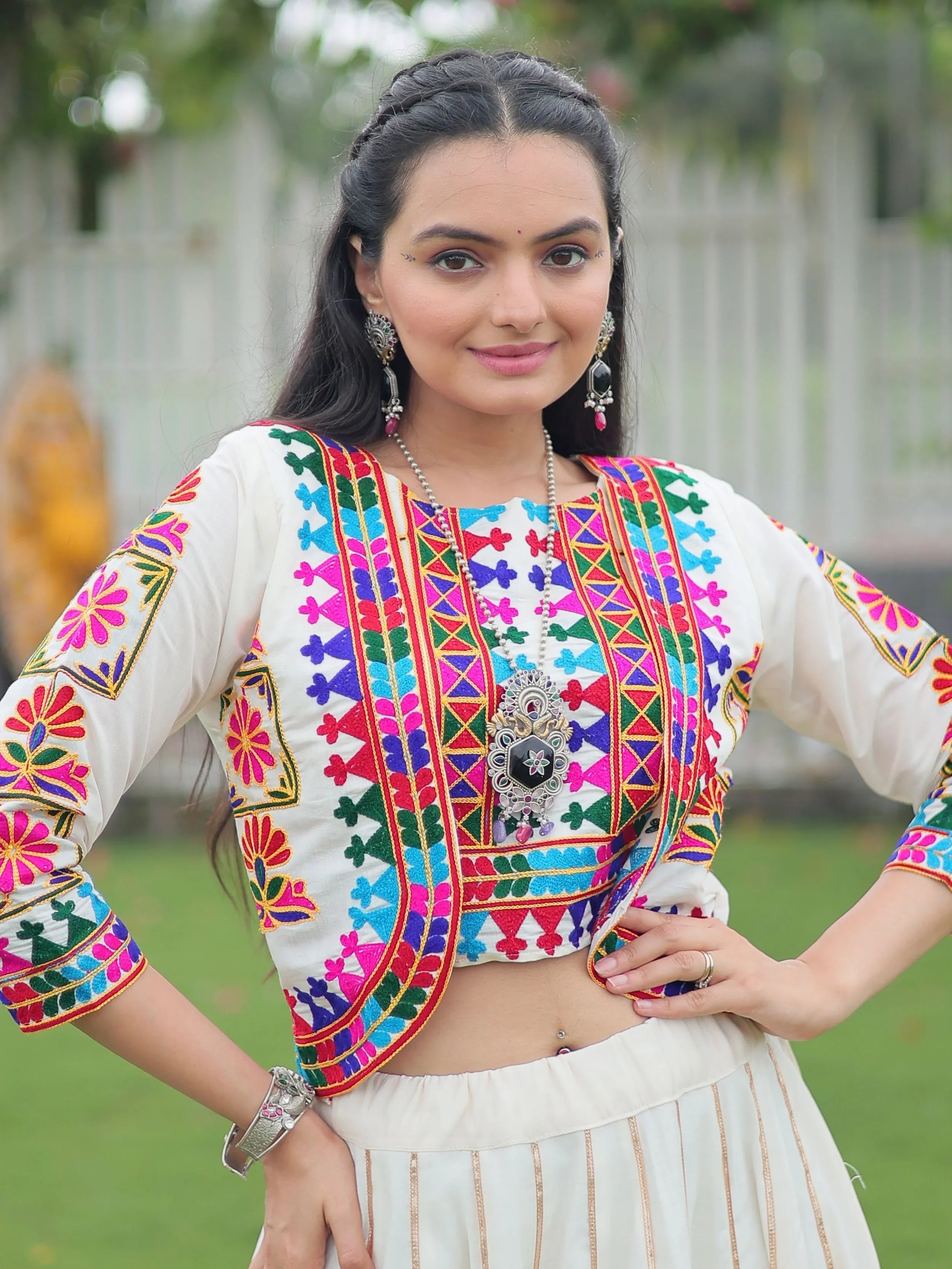 Off white Kutchi Gamthi embroidered Gota Patti lace lehenga choli with koti