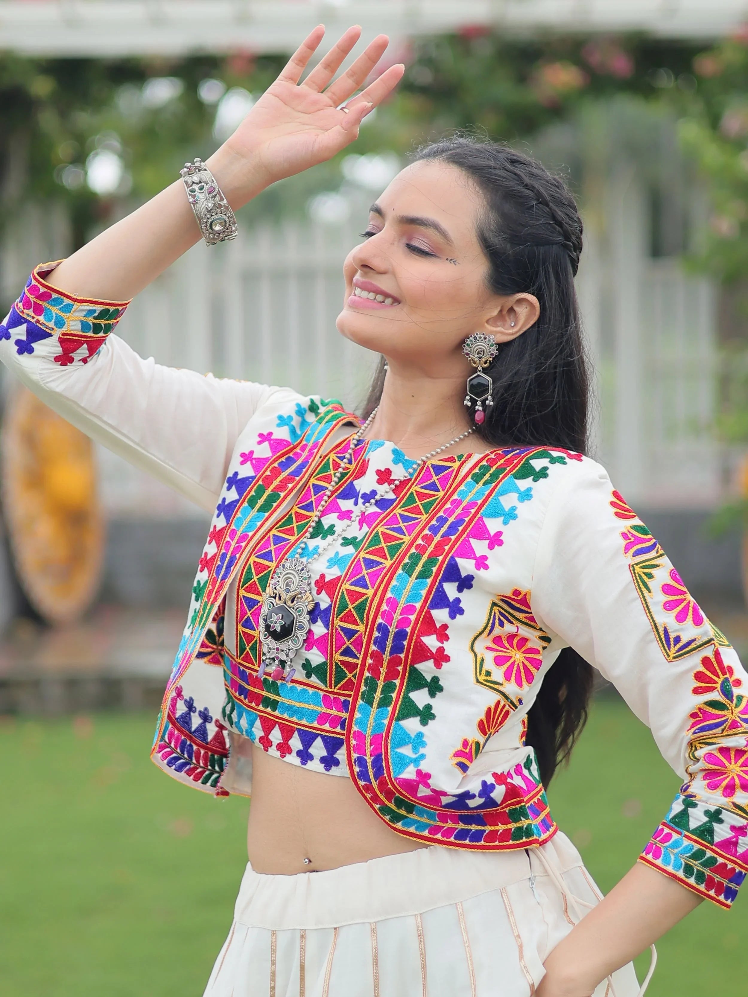 Off white Kutchi Gamthi embroidered Gota Patti lace lehenga choli with koti