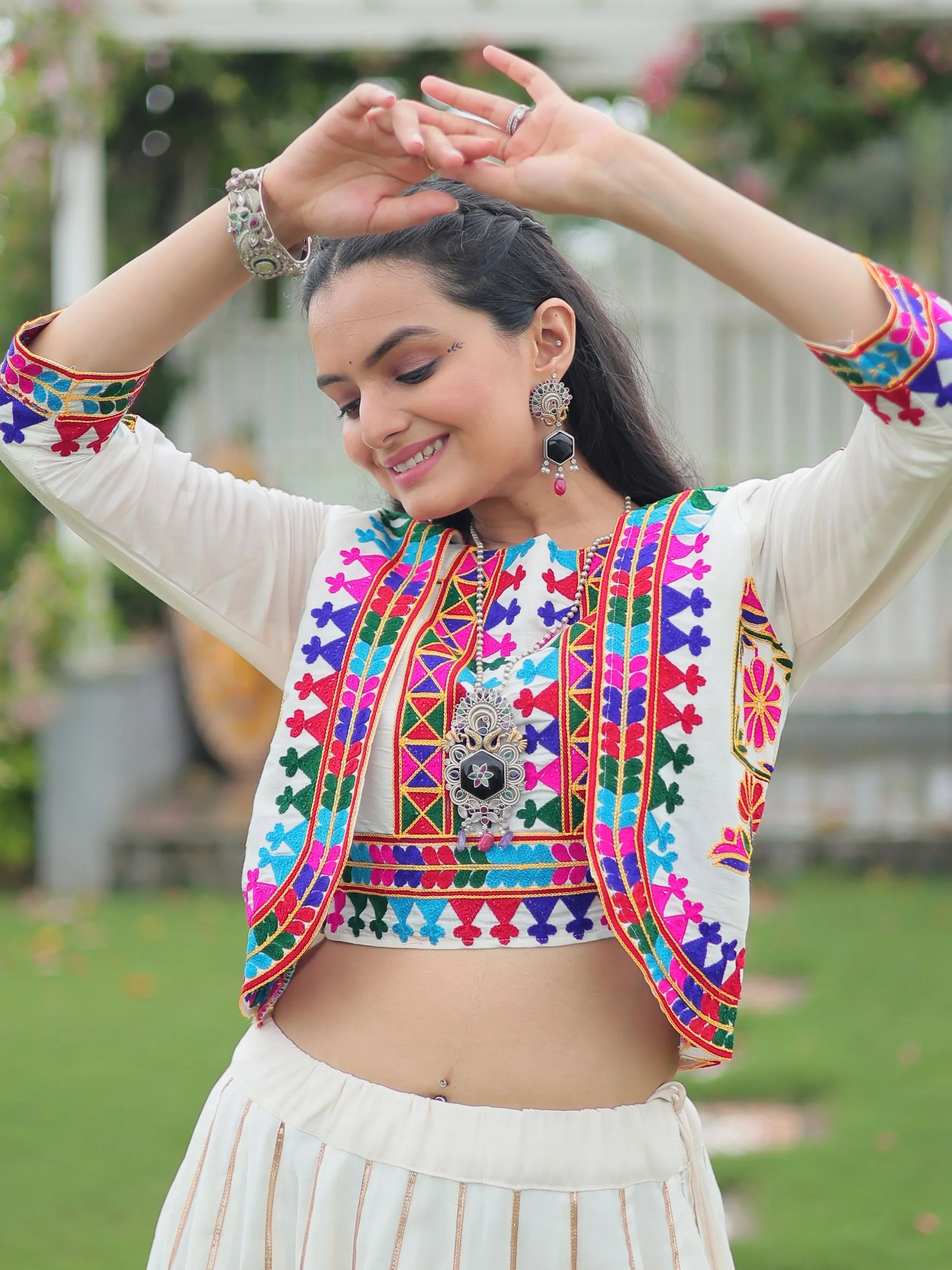 Off white Kutchi Gamthi embroidered Gota Patti lace lehenga choli with koti