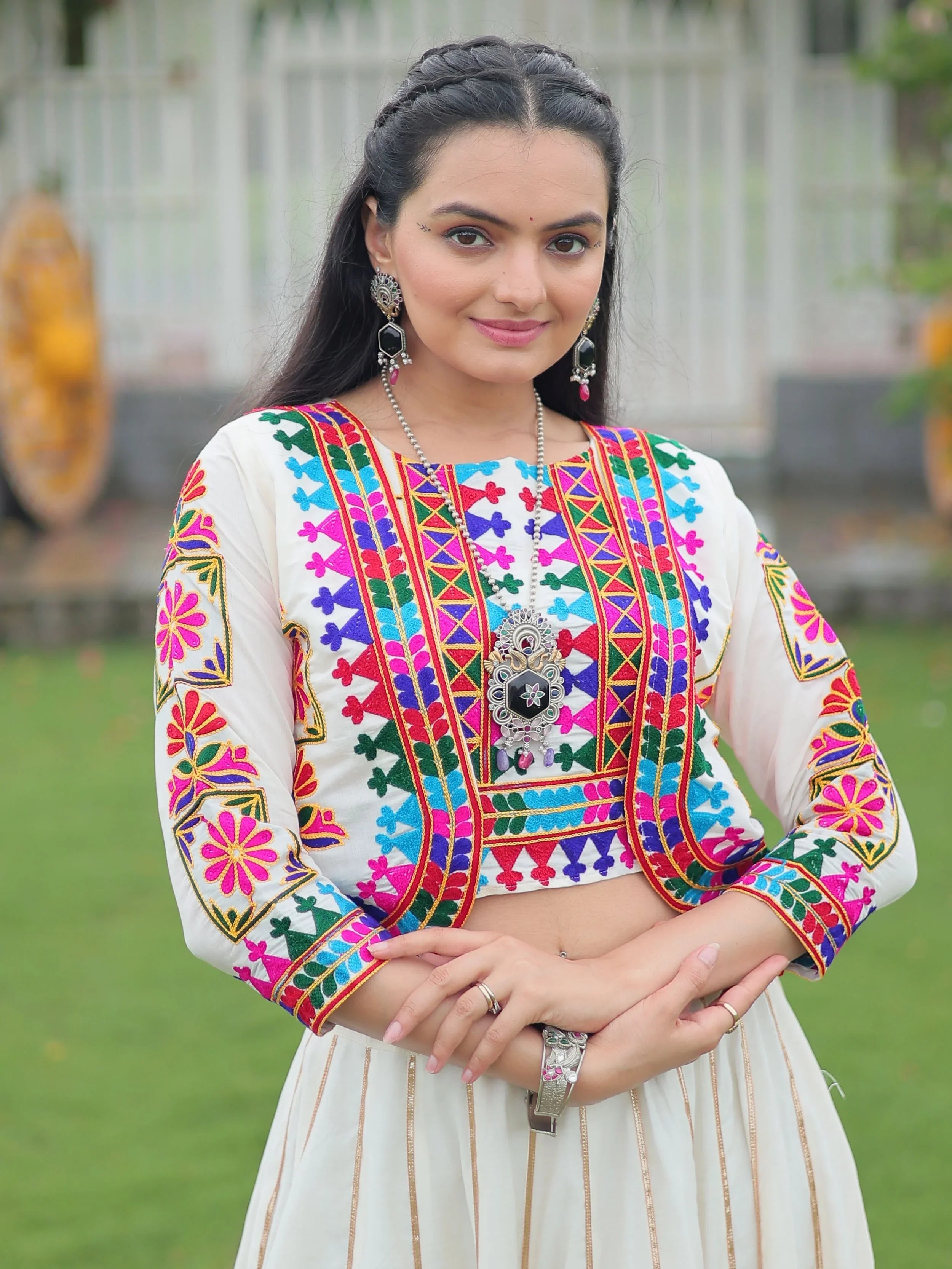 Off white Kutchi Gamthi embroidered Gota Patti lace lehenga choli with koti