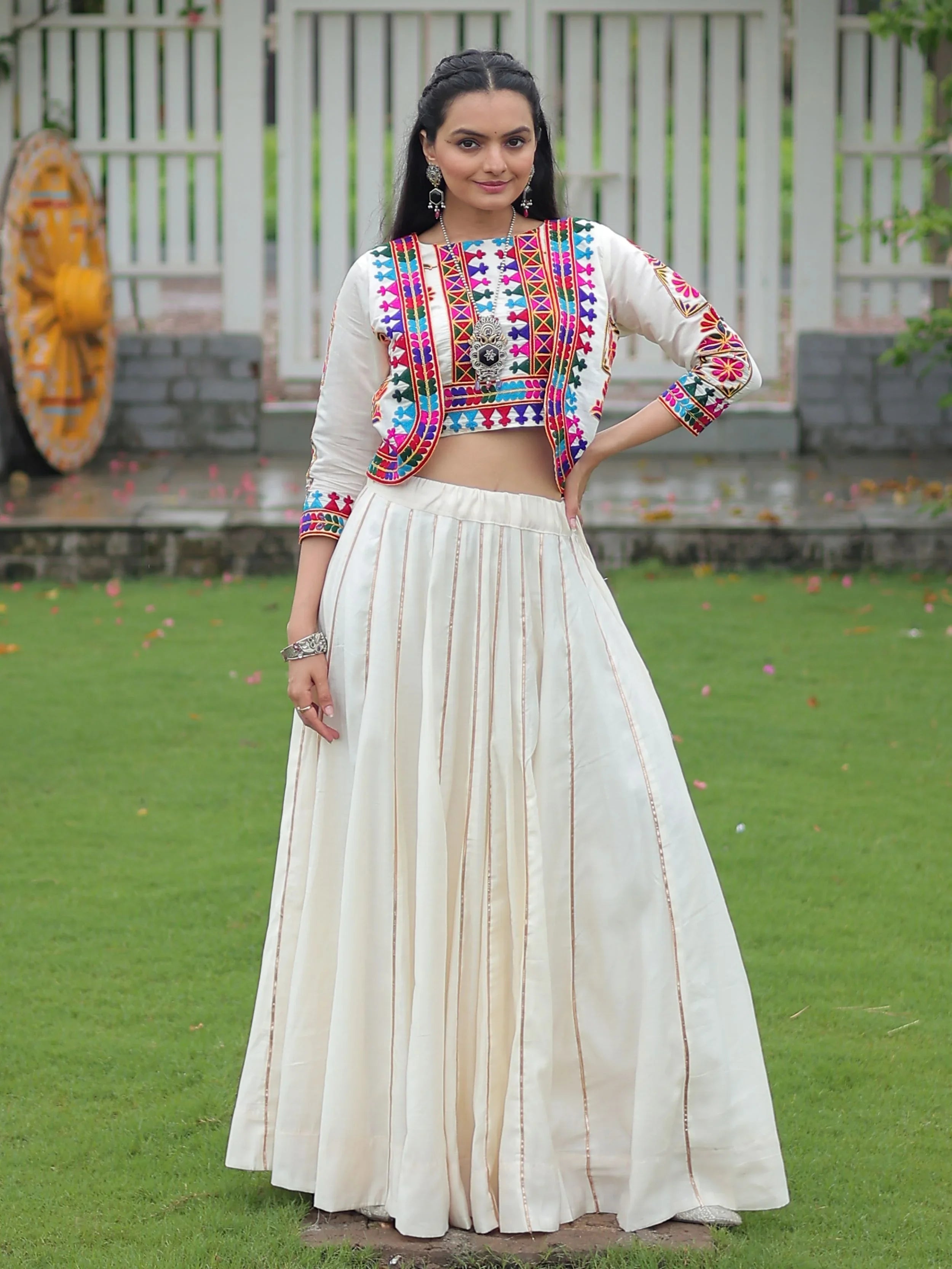 Off white Kutchi Gamthi embroidered Gota Patti lace lehenga choli with koti