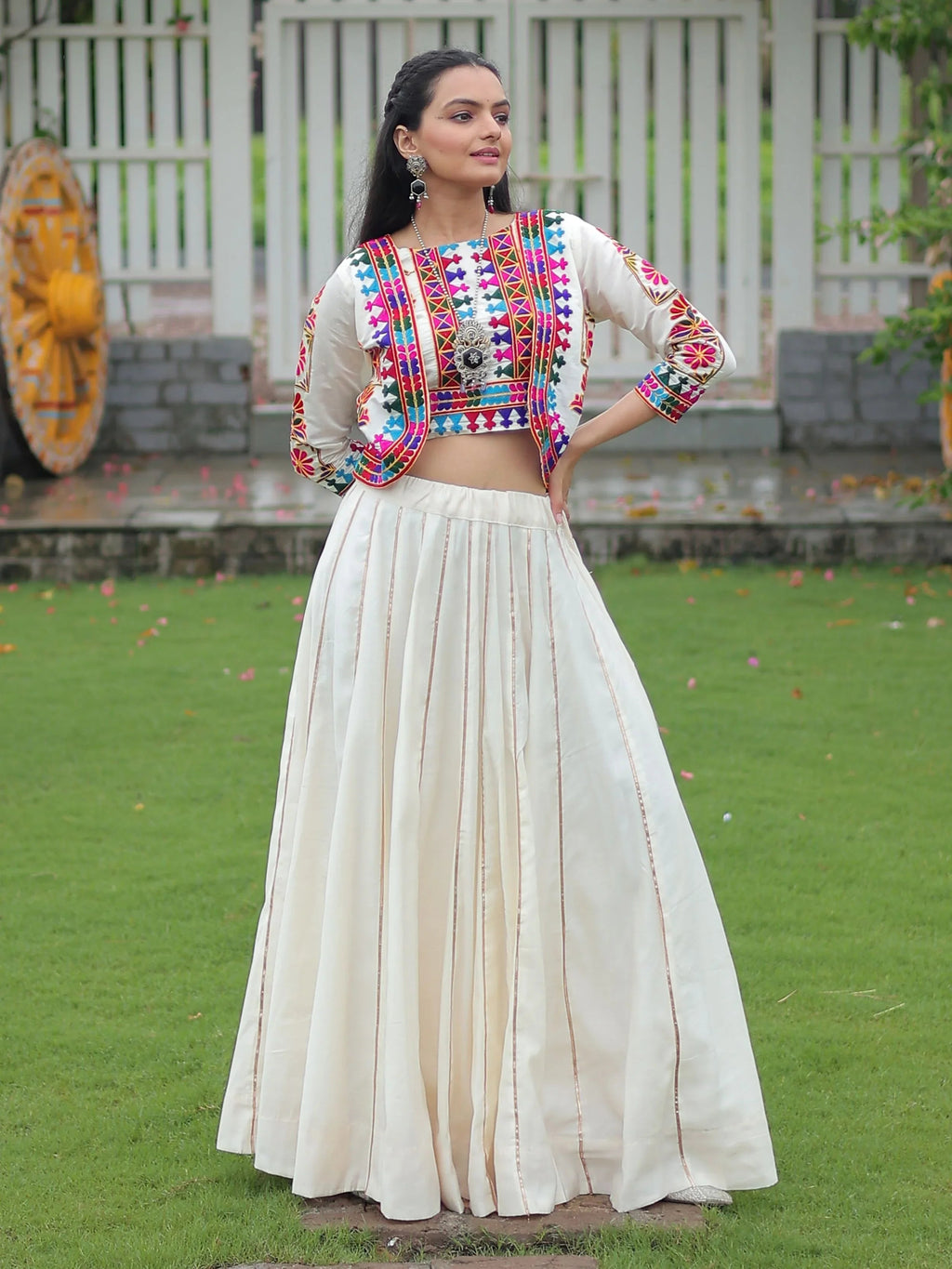 Off white Kutchi Gamthi embroidered Gota Patti lace lehenga choli with koti
