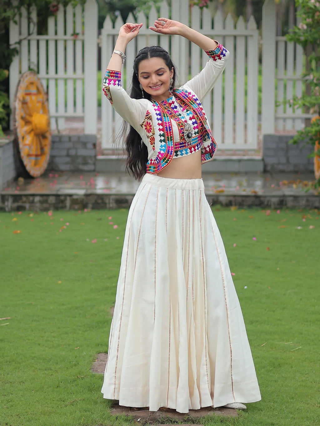 Off white Kutchi Gamthi embroidered Gota Patti lace lehenga choli with koti
